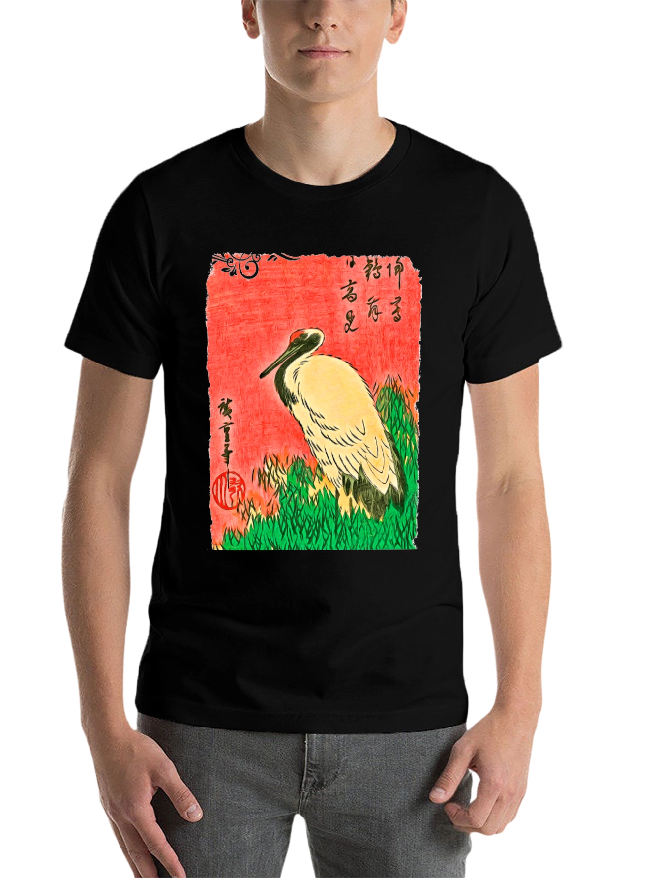Black Japanese Crane Ukiyo-e T-Shirt view 7
