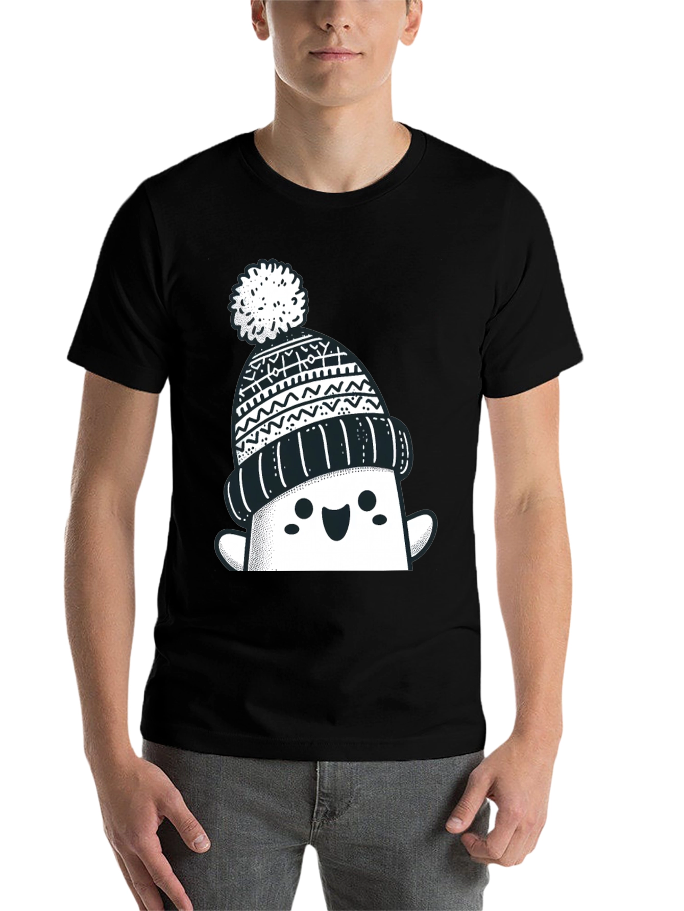 Black Festive Graphic Tee - Winter Hat Design view 7