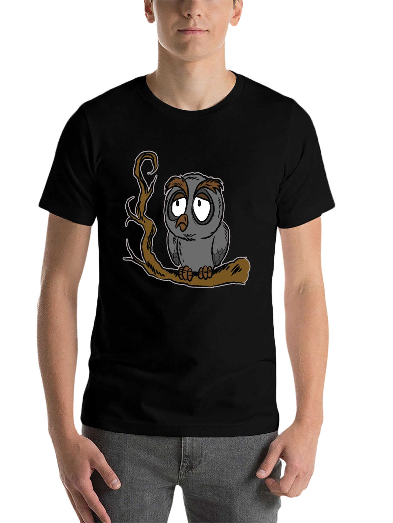 Sad Owl Graphic Print Black T-Shirt - 7