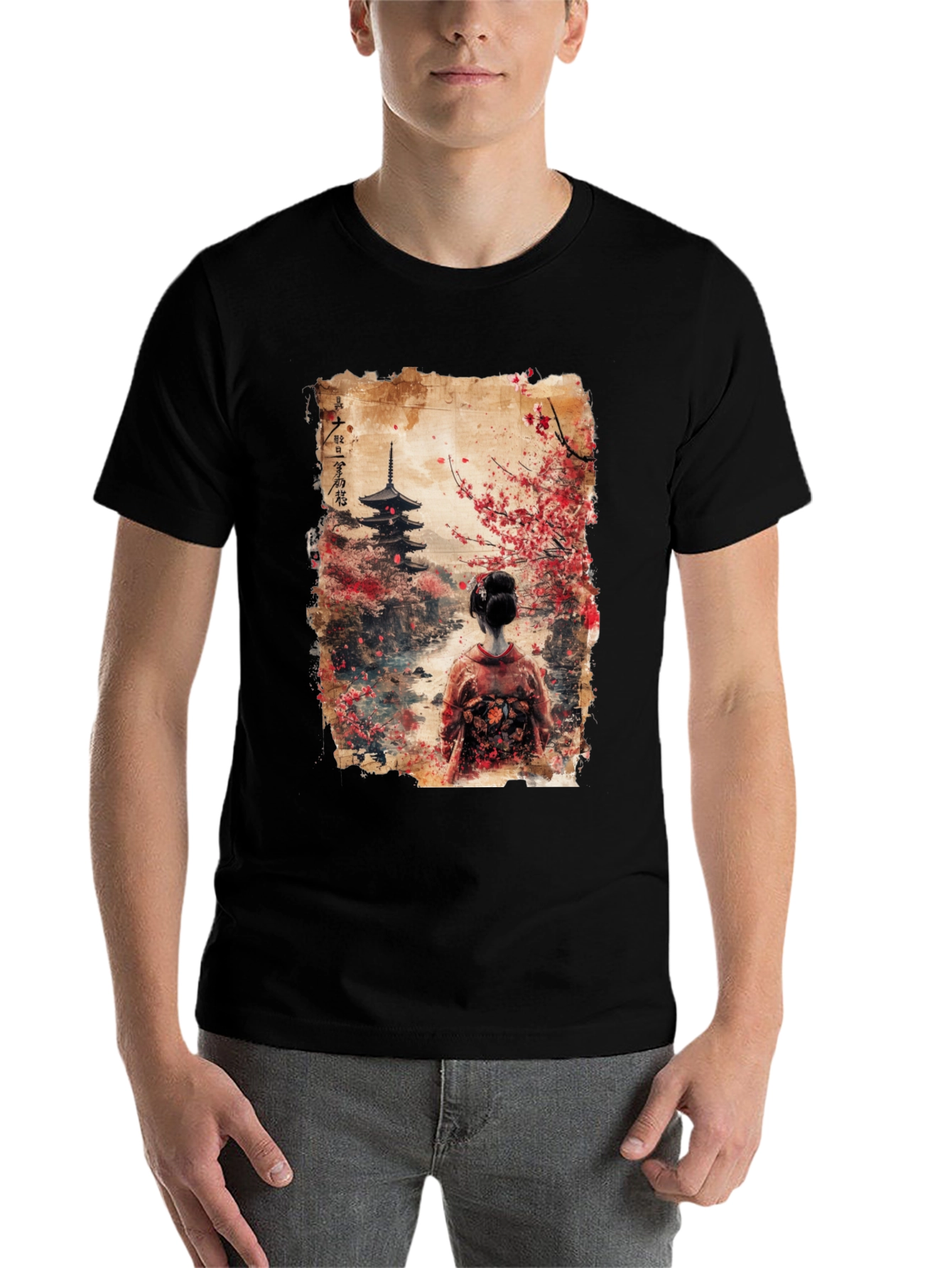 Black Japanese Pagoda & Geisha Graphic Tee - Black view 7