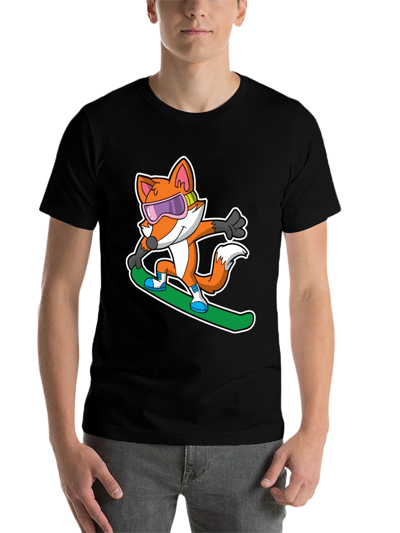 Black Fox Snowboarder T-Shirt - Cool Cartoon Animal Tee view 7