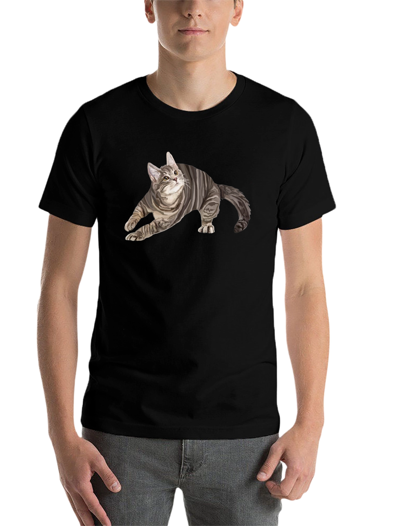 Black Men's Black T-Shirt with Cat Graphic view 7
