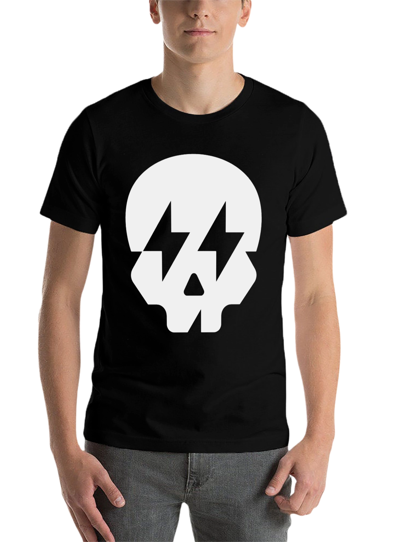 Black Skull with Lightning Bolt Eyes Black T-Shirt view 7