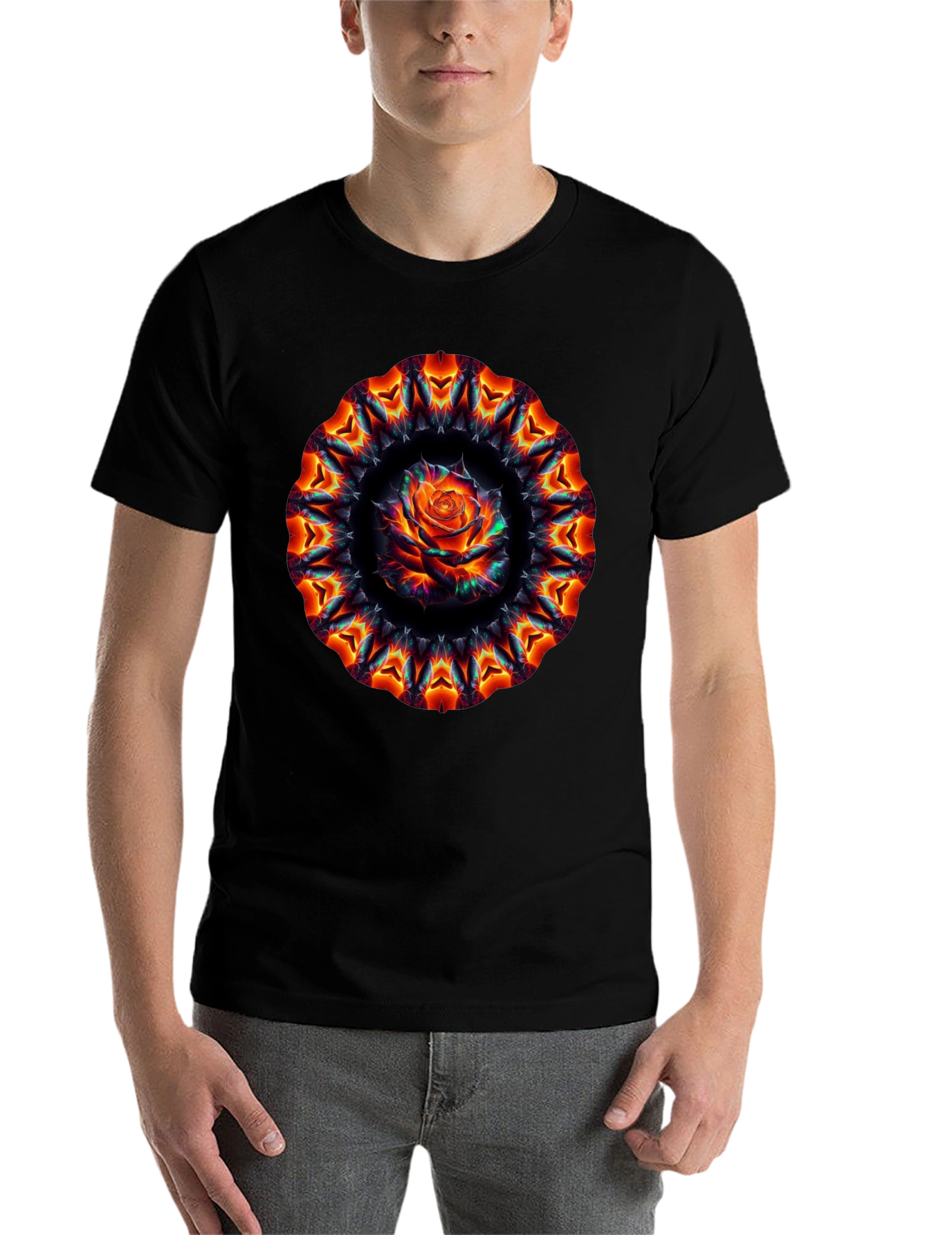 Black Fiery Rose Mandala Black T-Shirt view 7