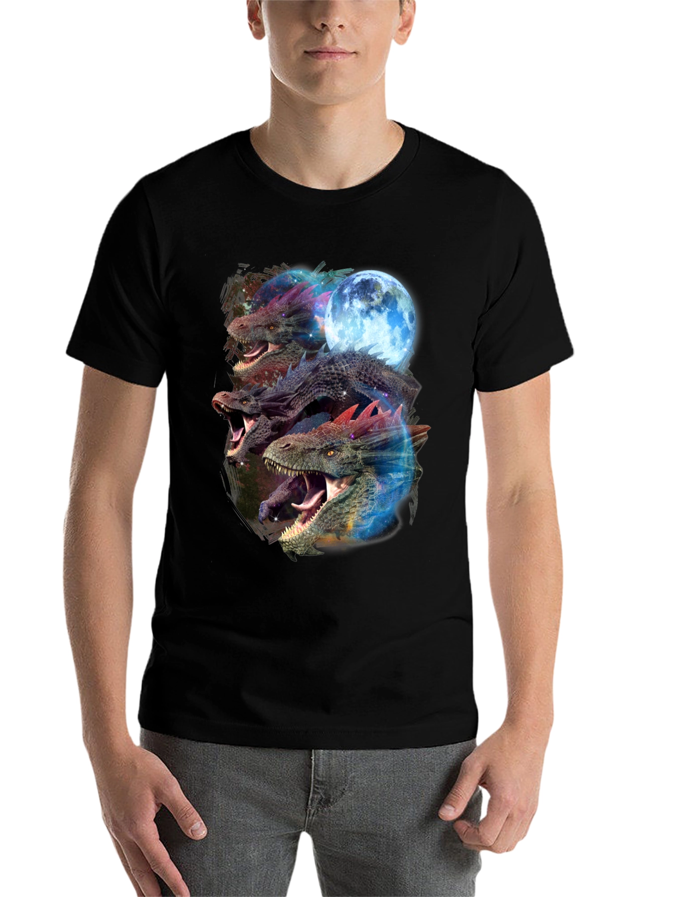 Black Dragon Trio Moon Black T-Shirt Graphic Print view 7