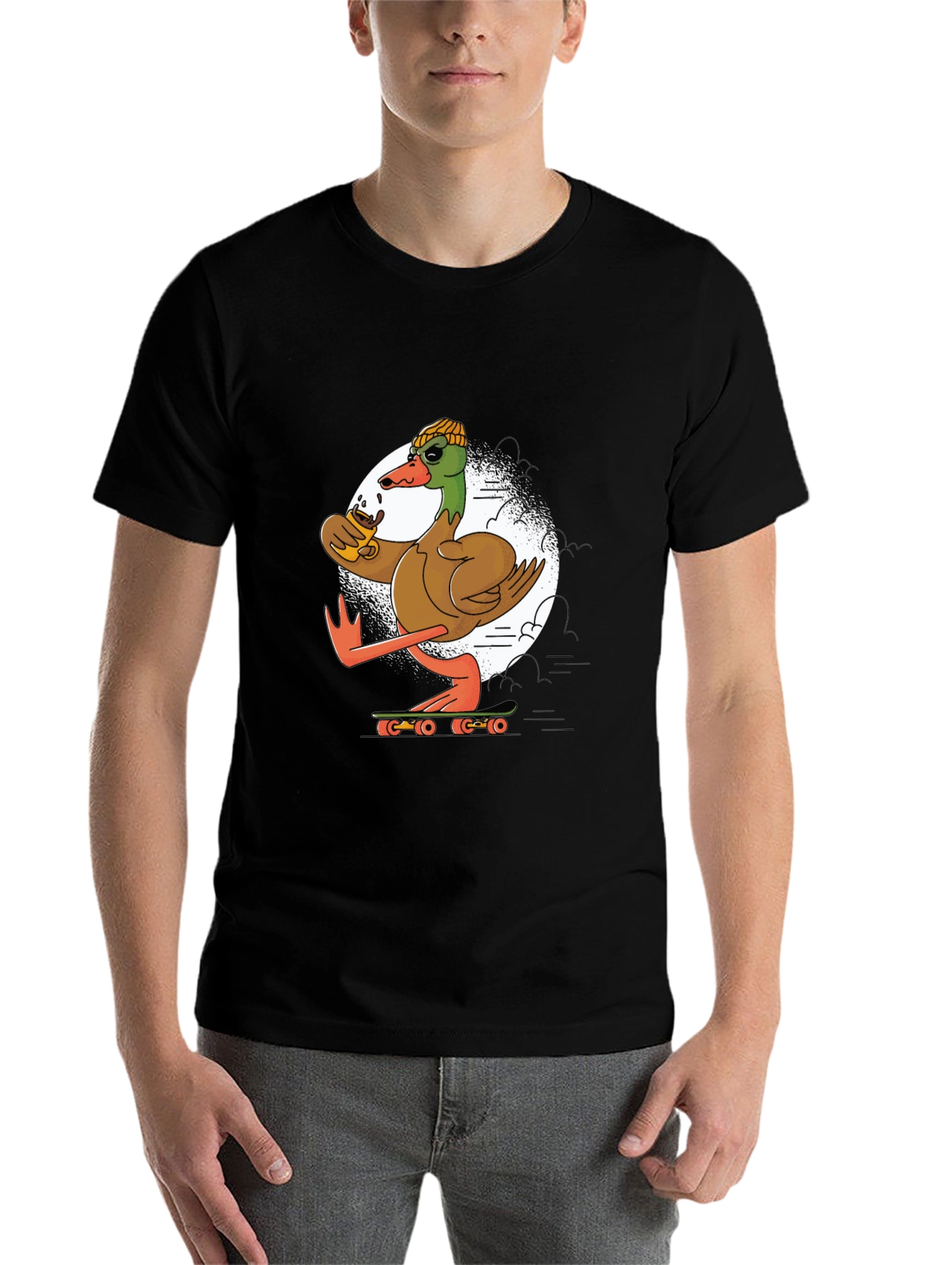 Black Skateboarding Duck T-Shirt: Cool Coffee Drinking Bird view 7