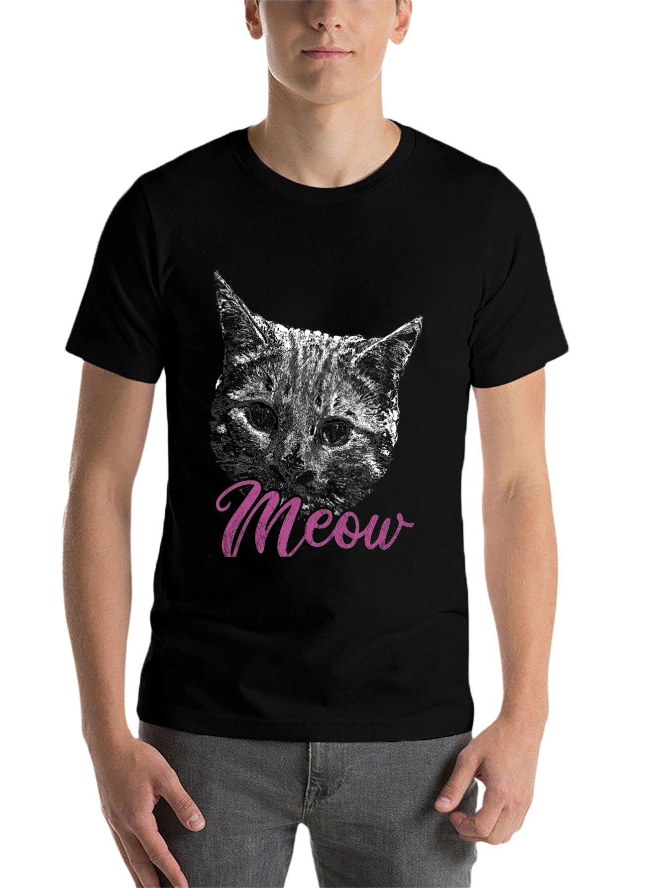 Black Cat Meow T-Shirt, Black, Crew Neck, Casual view 7