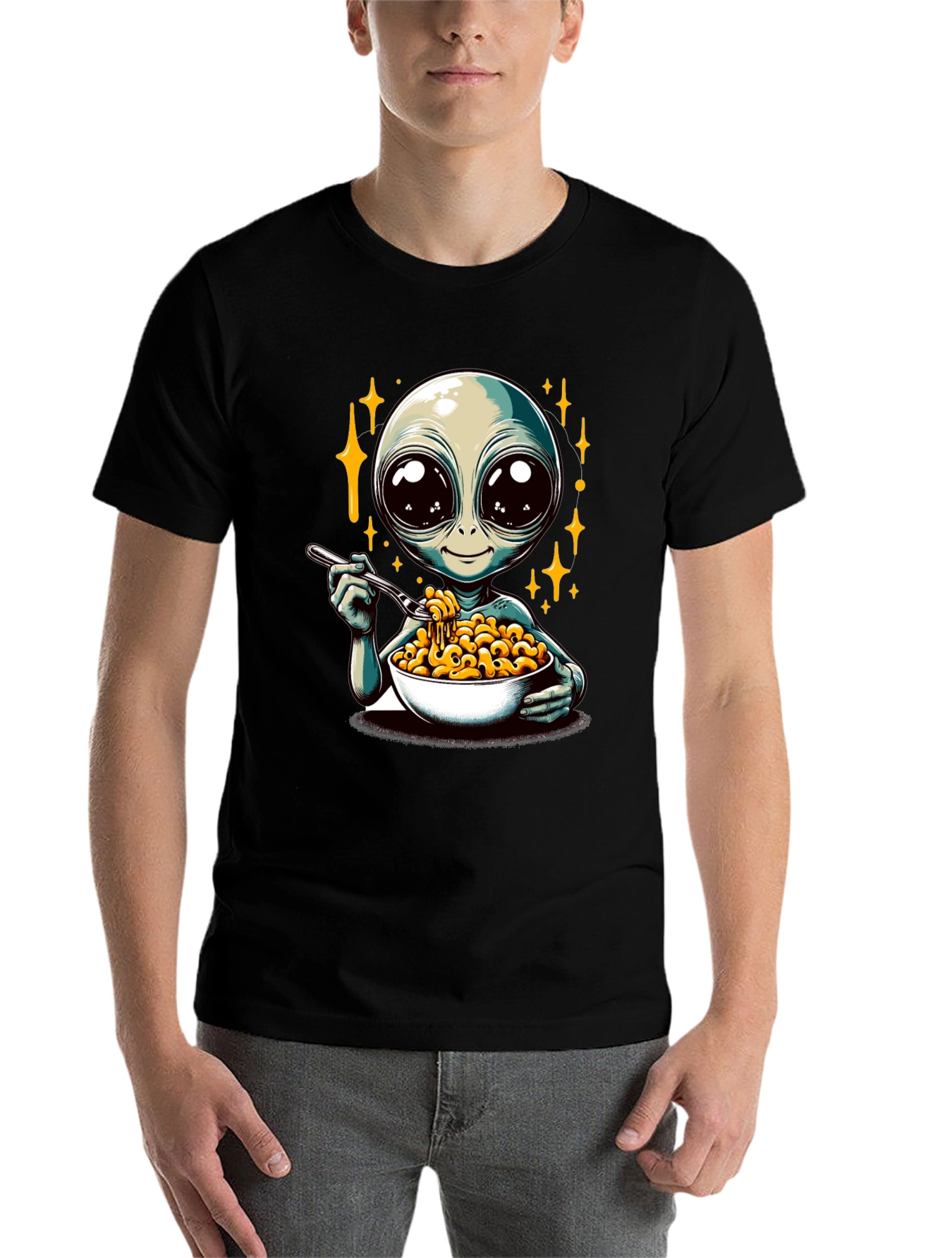 Black Alien Eating Mac & Cheese Graphic T-Shirt view 7