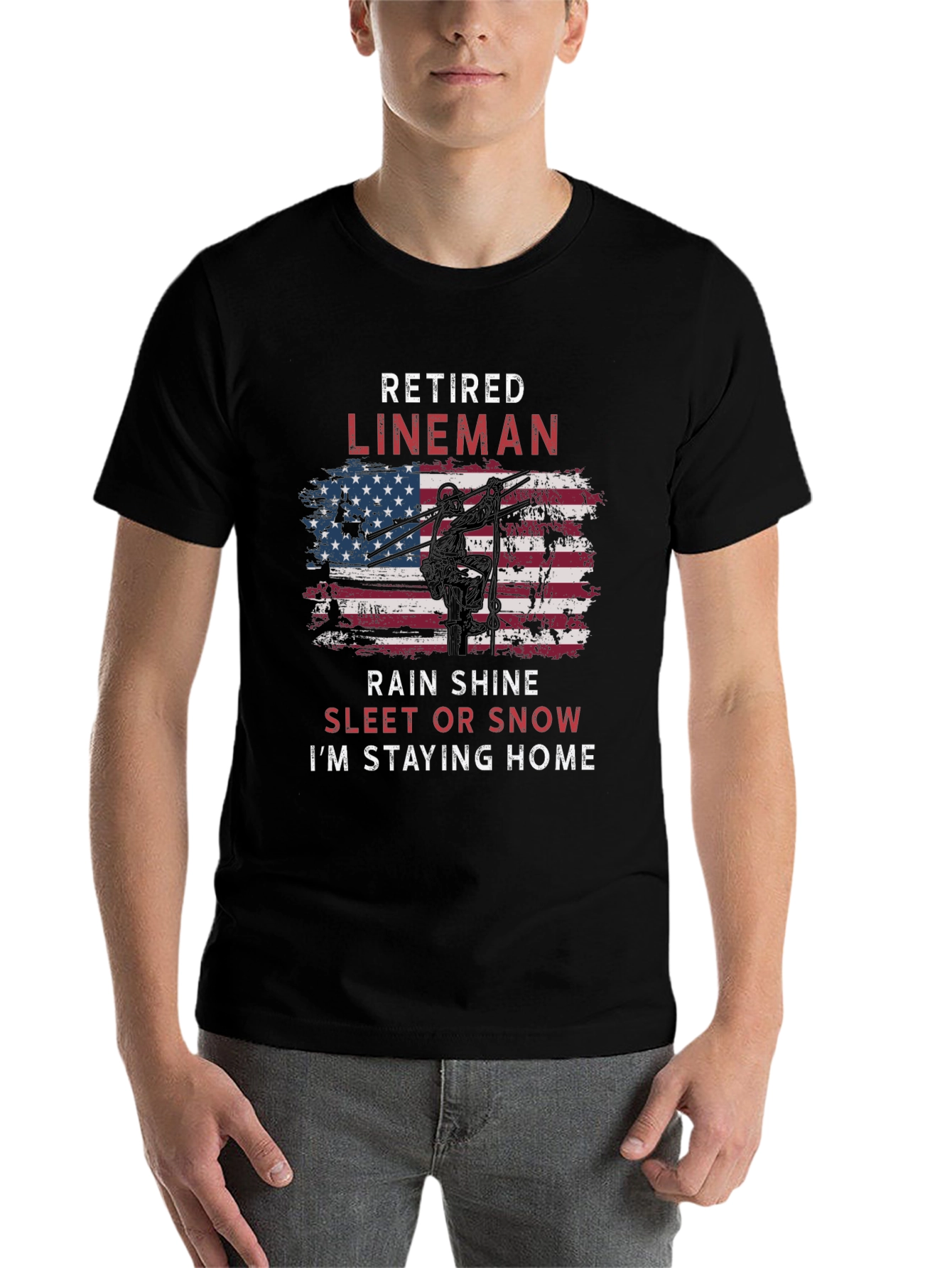 Black Retired Lineman T-Shirt - American Flag Design view 7