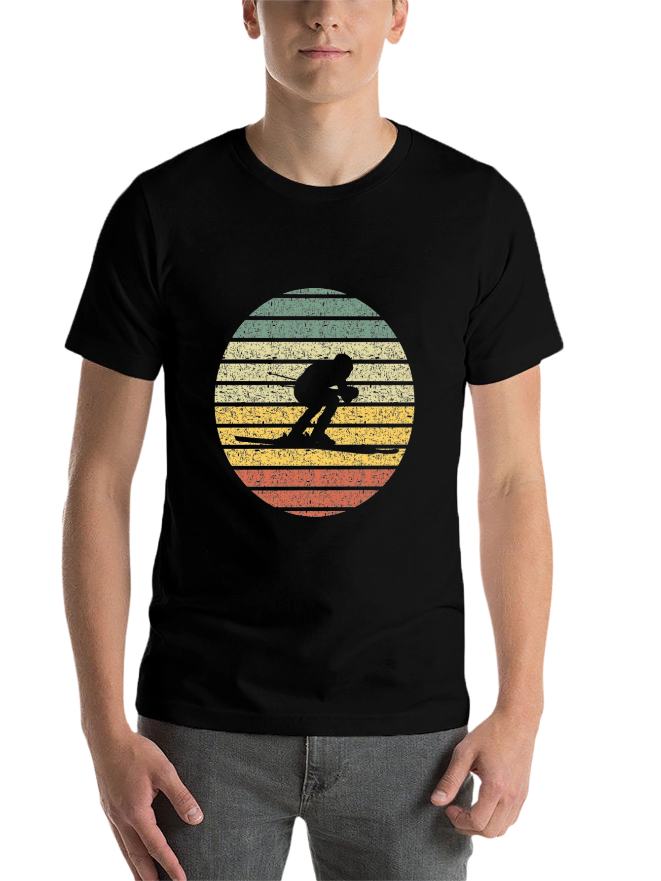 Black Retro Skiing Sunset T-Shirt - Vintage Style view 7