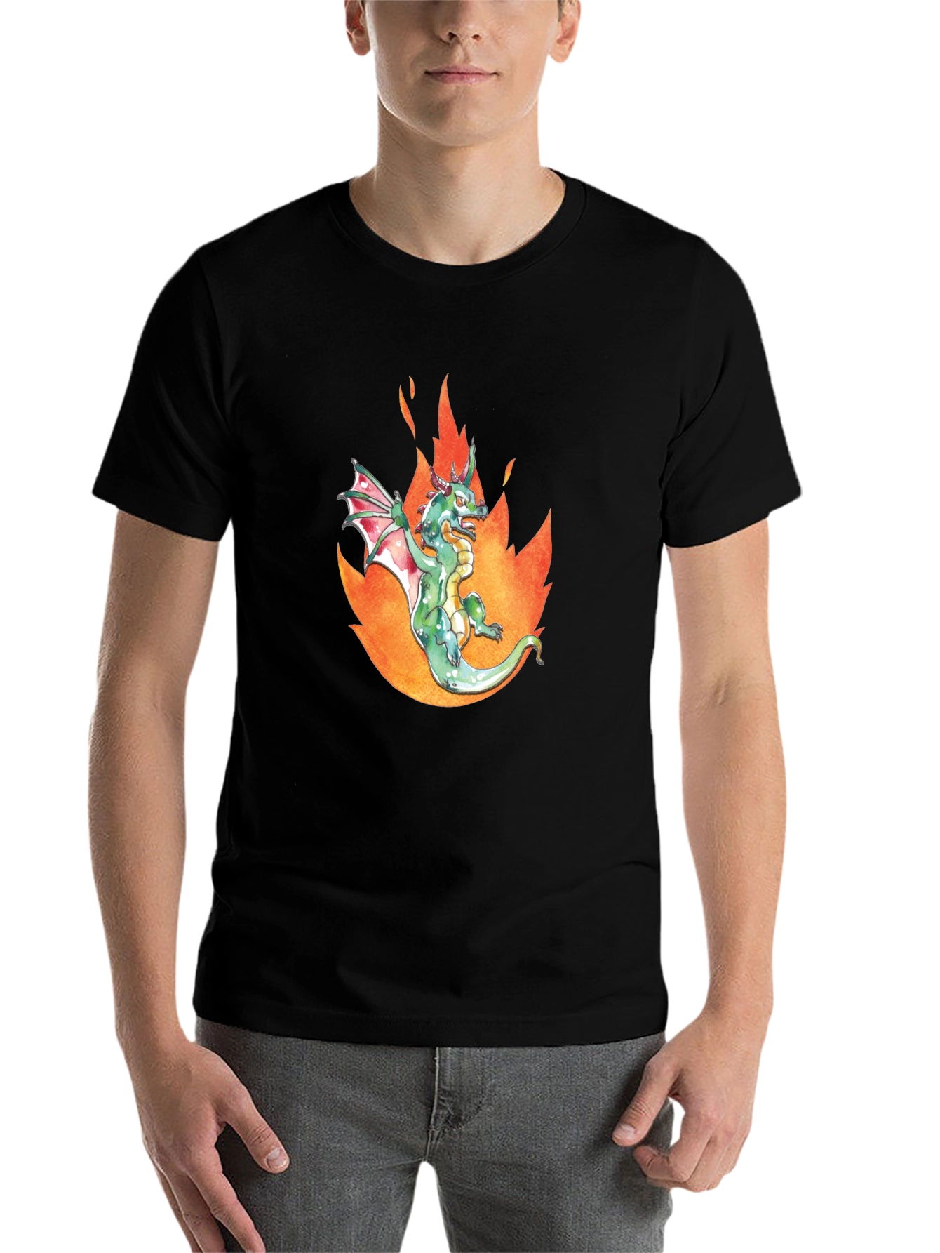 Black Dragon in Flames Graphic Tee - Black Cotton T-Shirt view 7