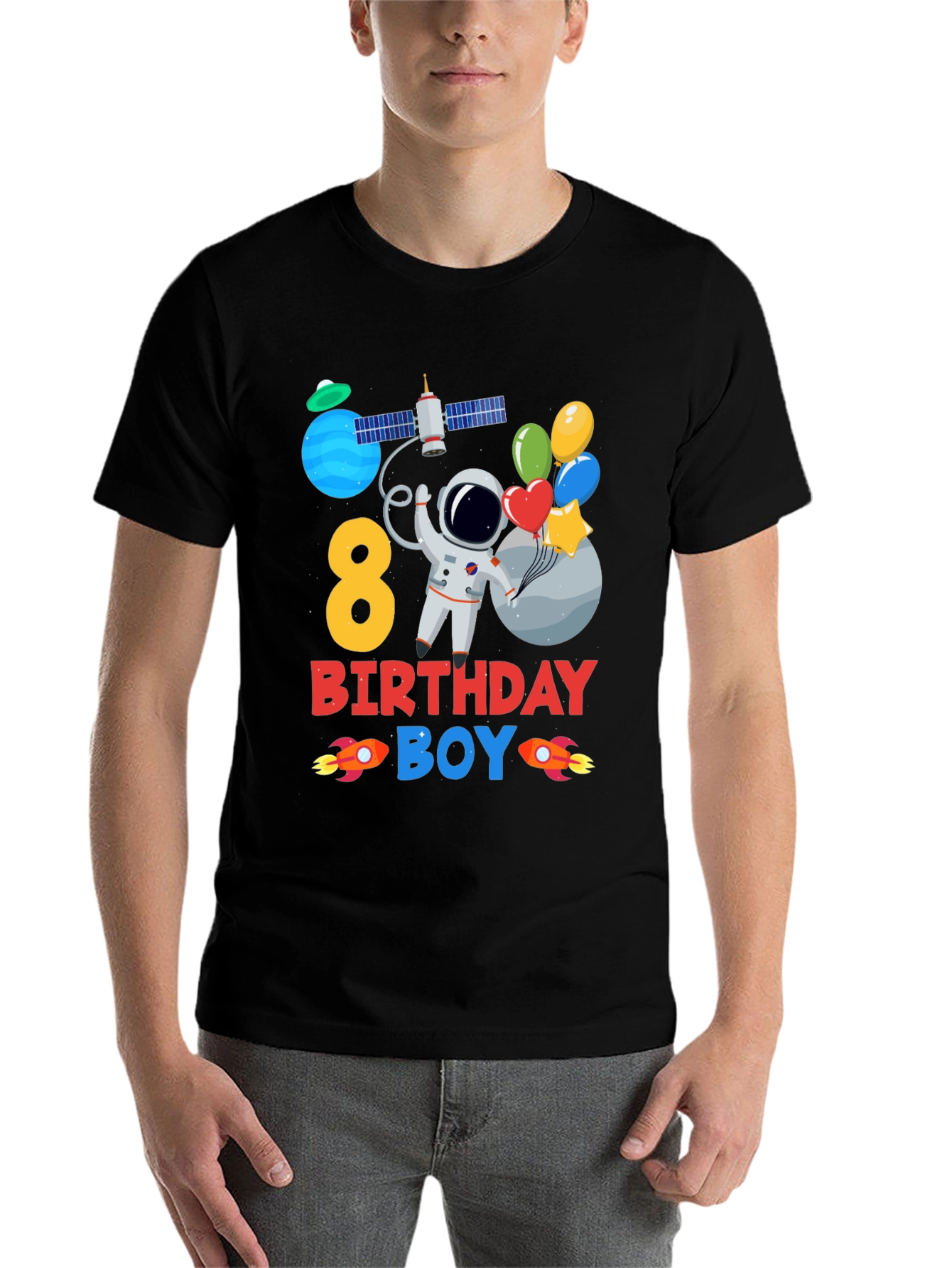 Black 8th Birthday Boy Astronaut T-Shirt view 7