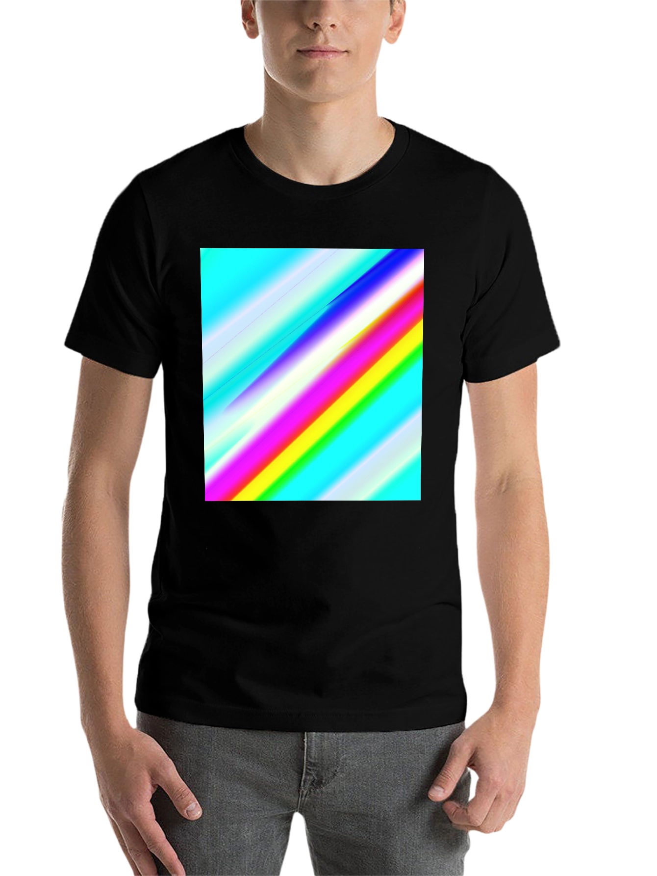 Black Rainbow Stripe Graphic Tee - Men's Casual Black T-Shirt view 7