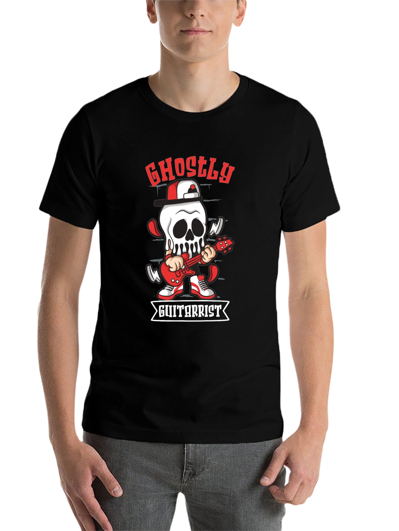 Black Ghostly Guitarist Graphic Tee - Rocker Skull Shirt view 7