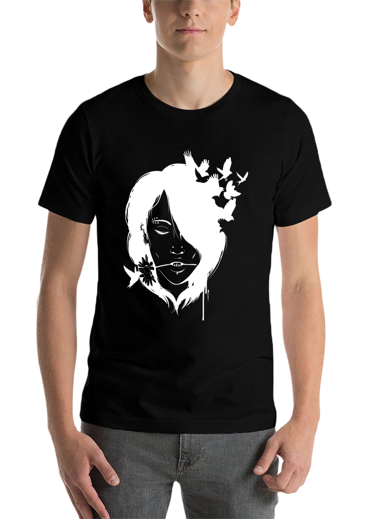 Black Black T-Shirt with White Girl and Bird Design view 7