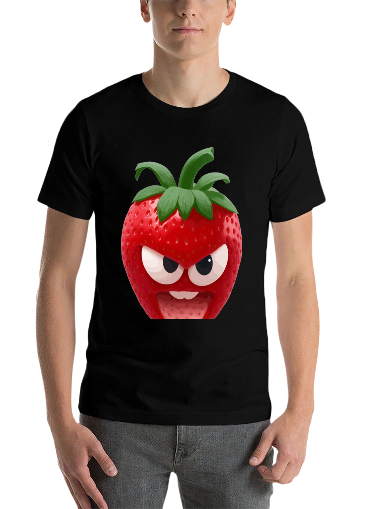 Black Angry Strawberry Graphic T-Shirt - Funny Fruit Tee view 7