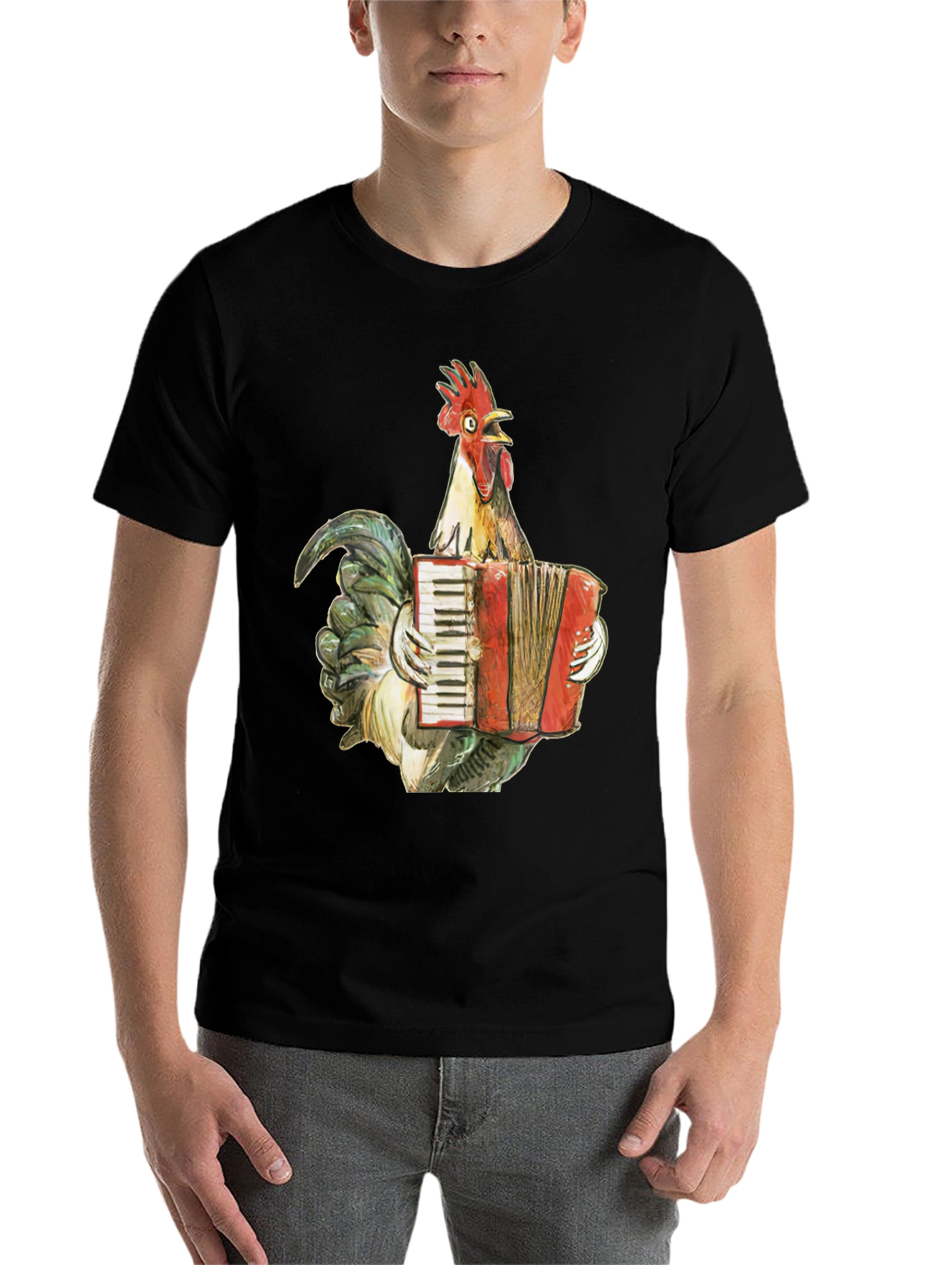 Black Funny Rooster Accordion T-Shirt - Novelty Tee view 7