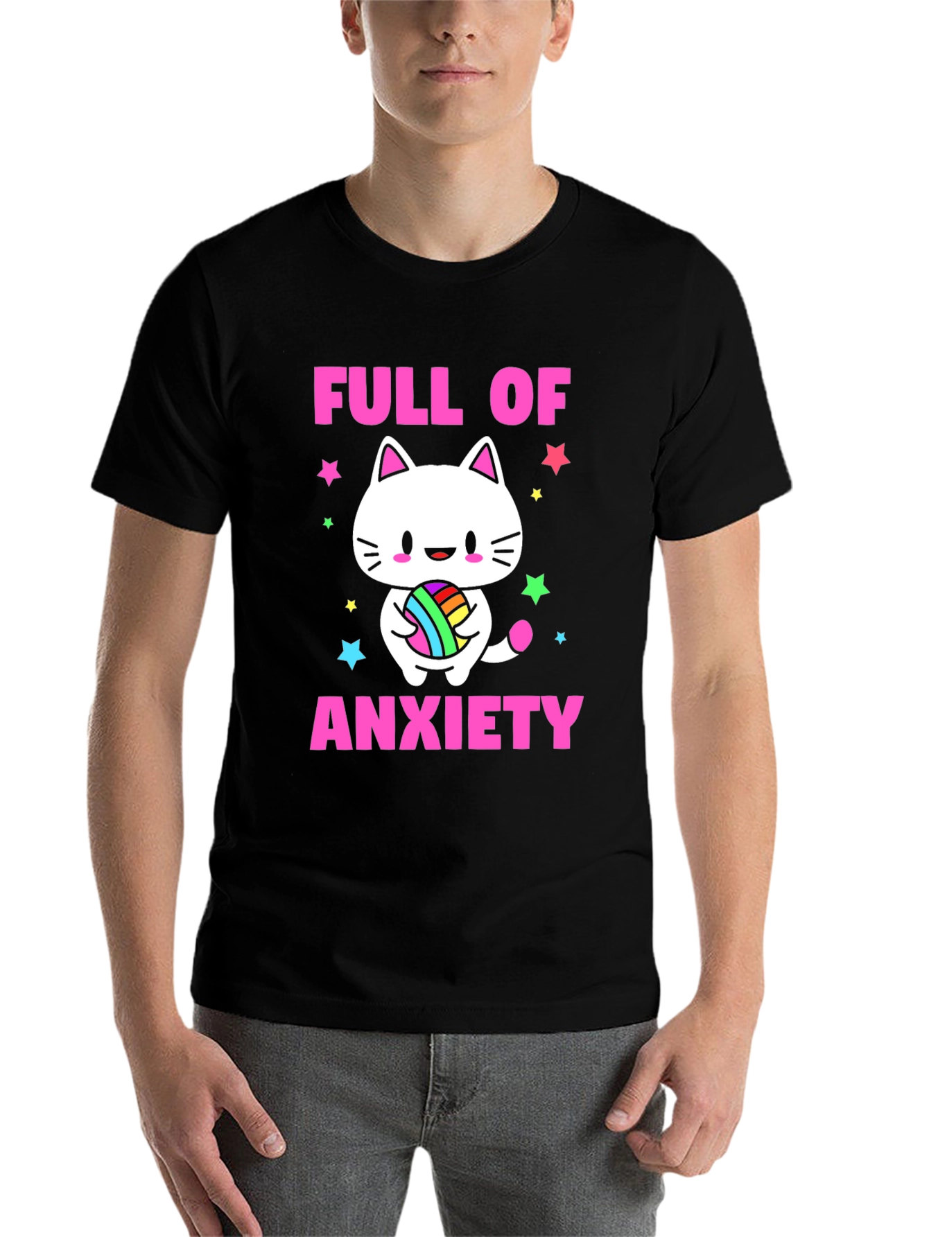 Black Full of Anxiety Cat T-Shirt view 7
