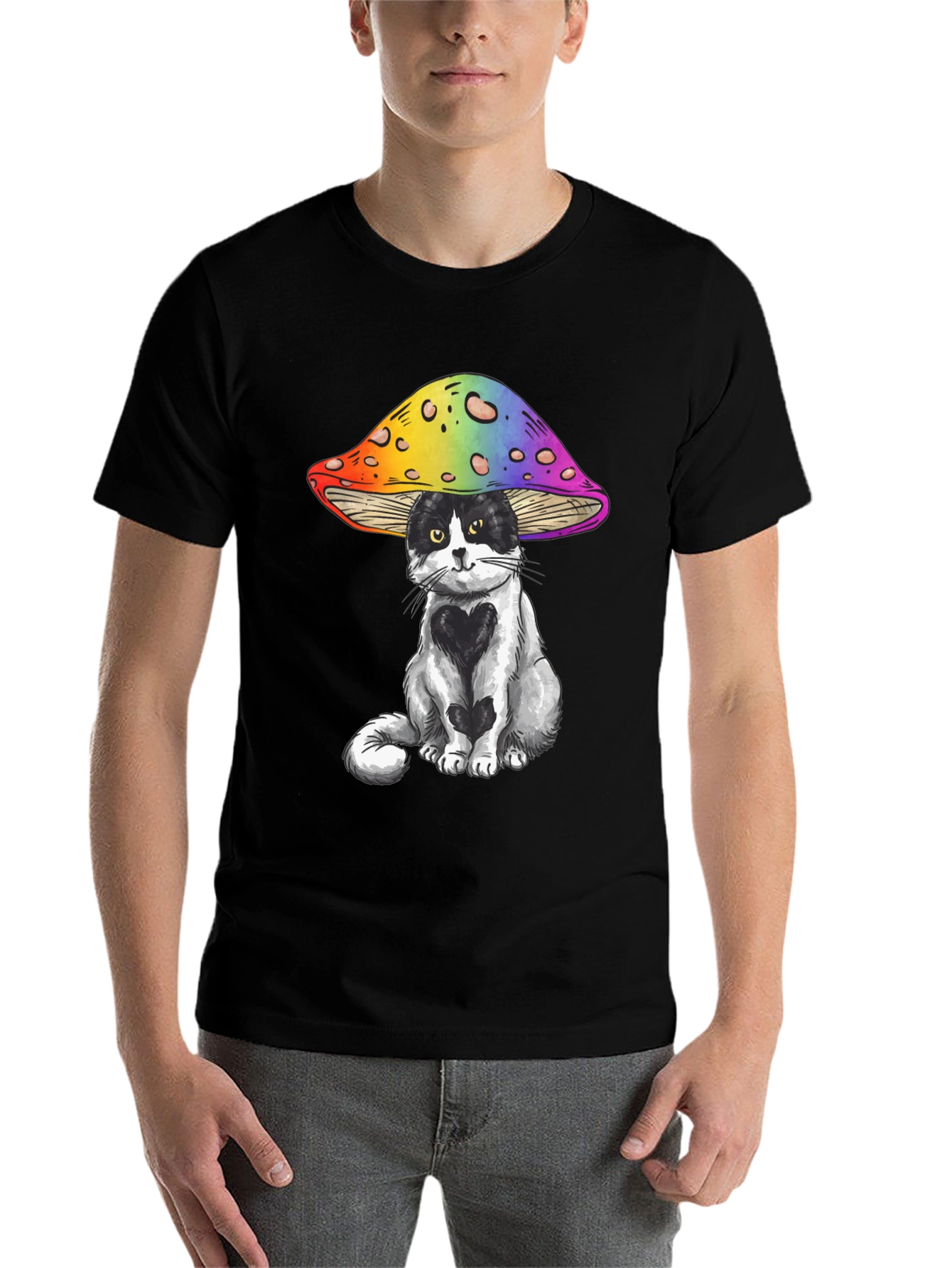 Black Cat Under Mushroom Graphic T-Shirt view 7