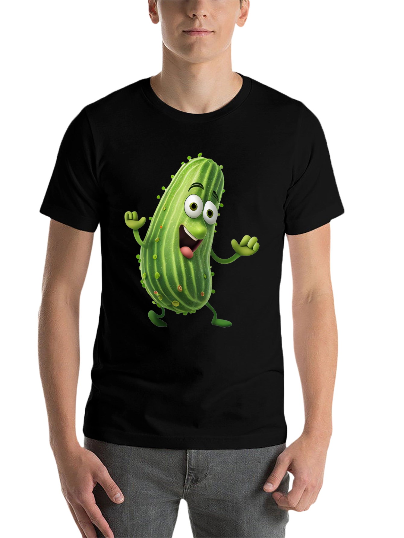 Black Funny Pickle Cartoon Black T-Shirt view 7