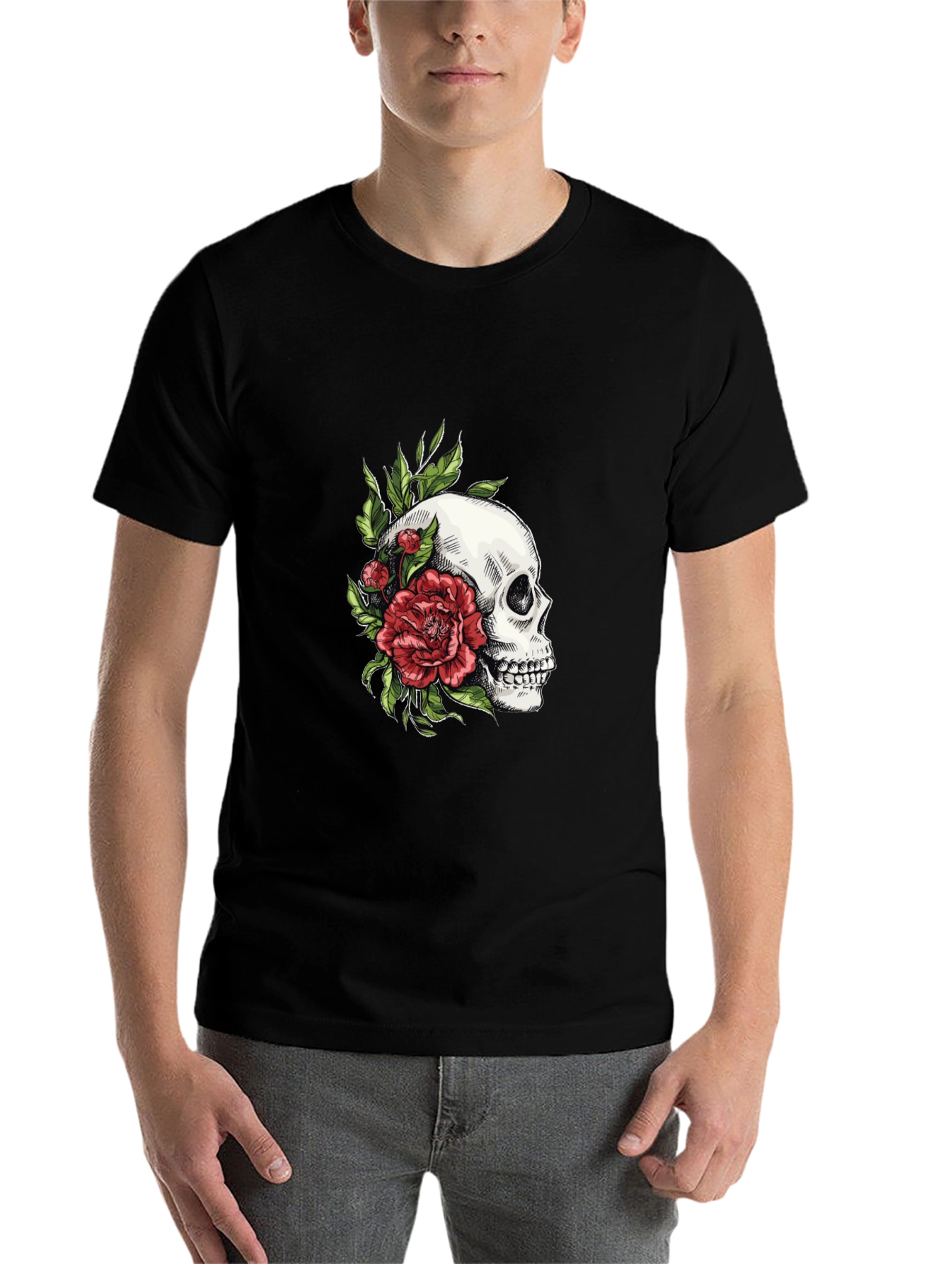 Black Skull & Rose Graphic T-Shirt - Edgy Style view 7