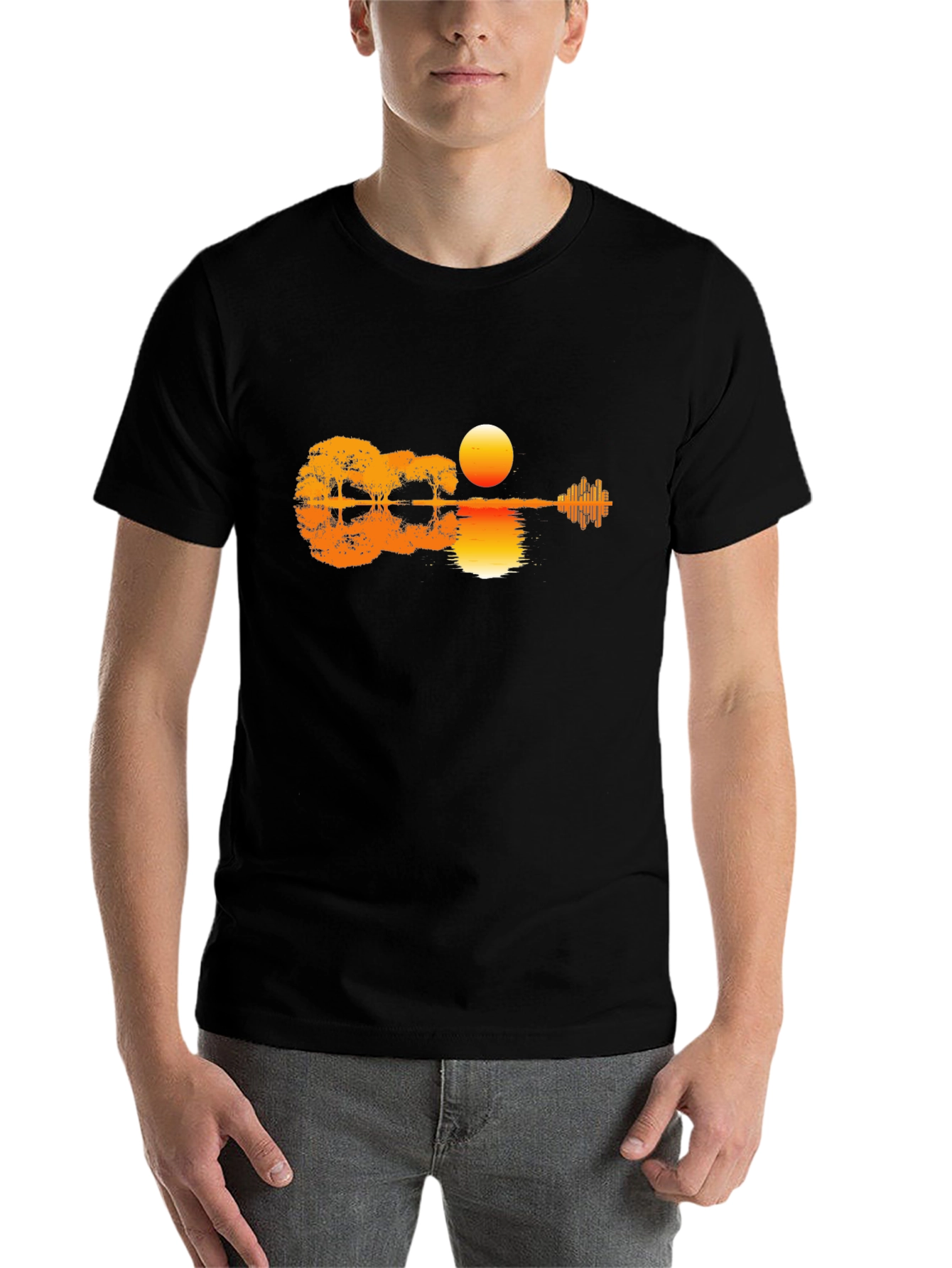 Black Sunset Guitar T-Shirt - Music & Nature Design view 7