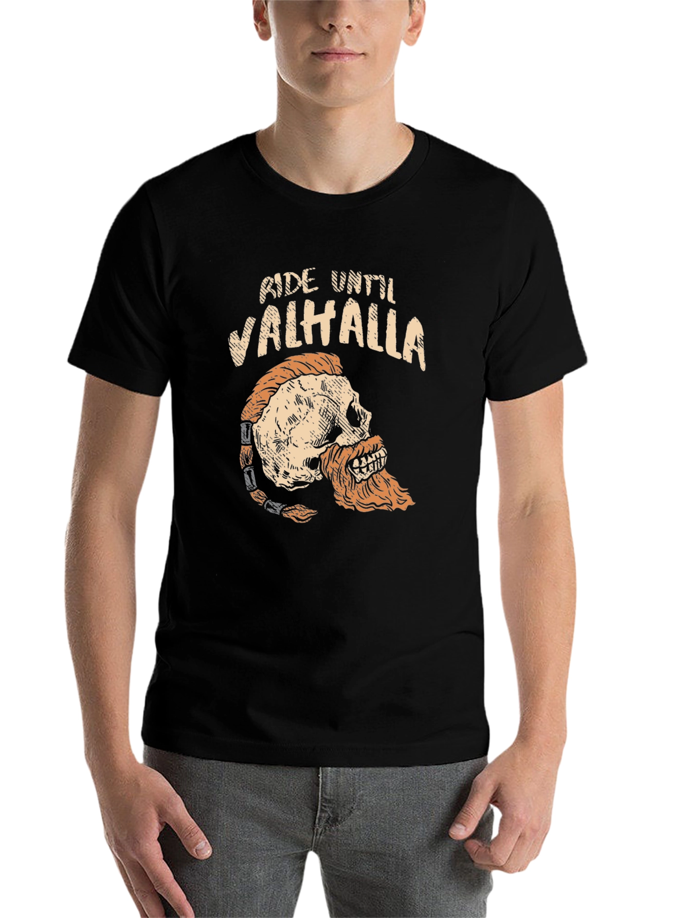 Black Ride Until Valhalla Skull Viking Graphic T-Shirt view 7