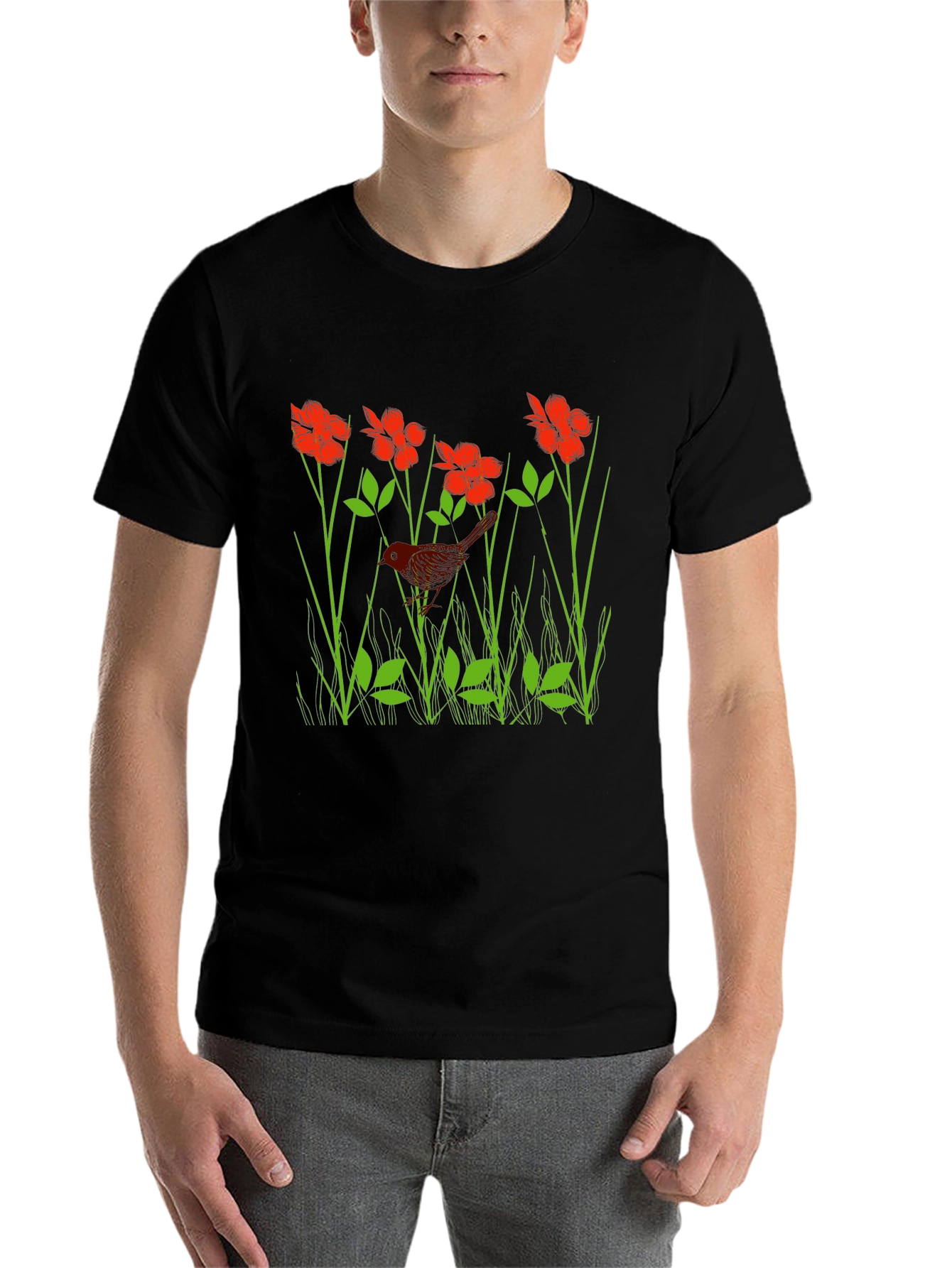 Black Bird in Flower Meadow Graphic Black T-Shirt view 7