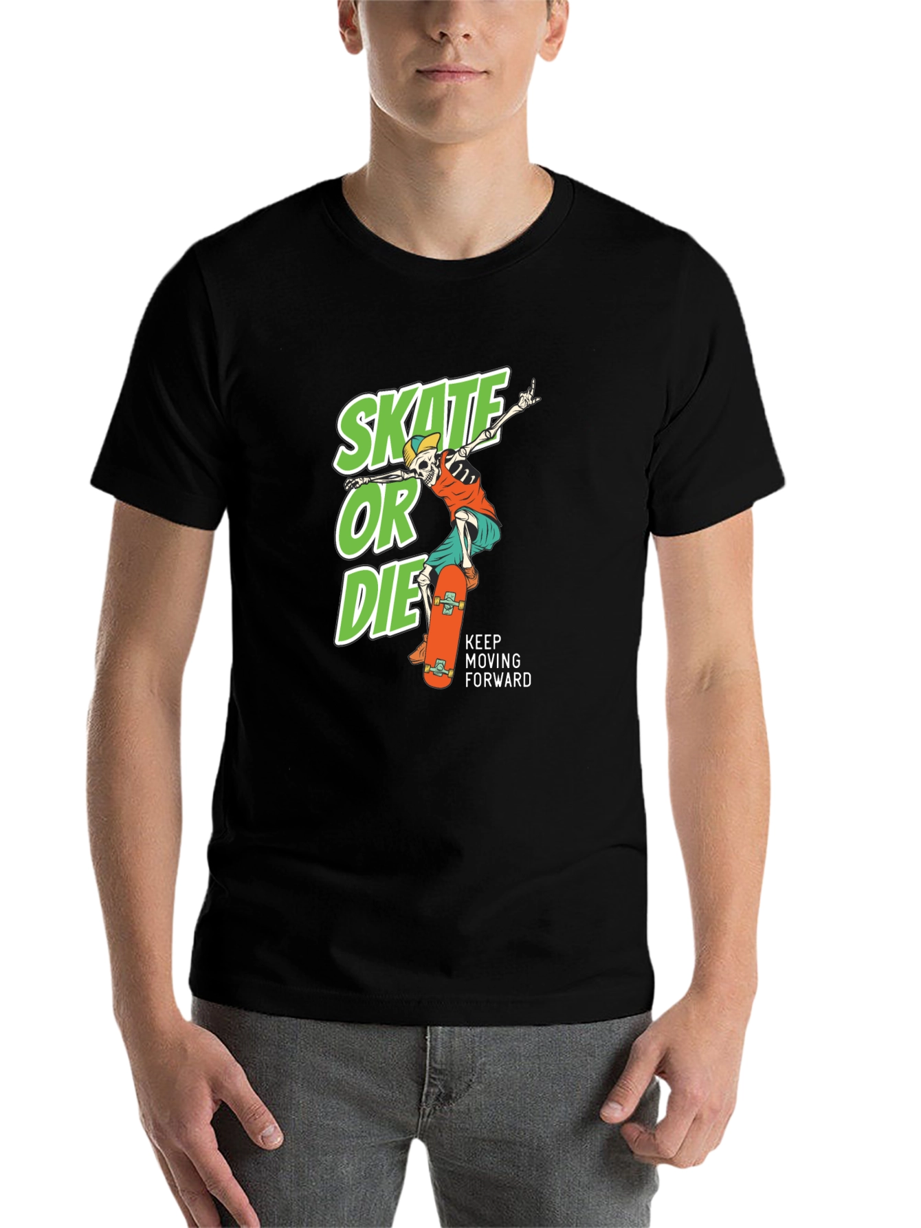 Black Skate or Die Graphic Tee - Cool Skateboarder Skeleton T-Shirt view 7