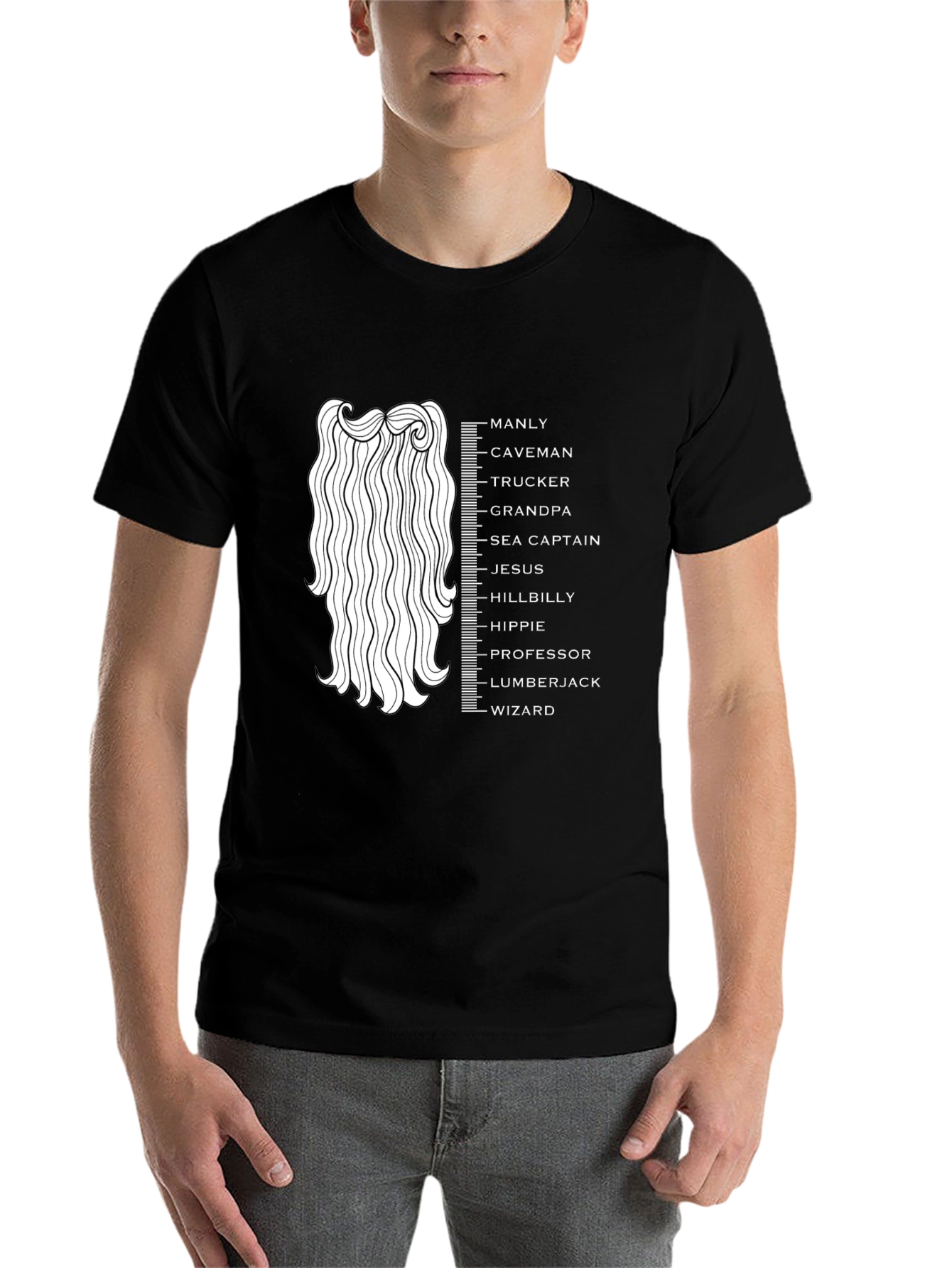 Black Funny Beard Length Scale Men's Graphic T-Shirt view 7