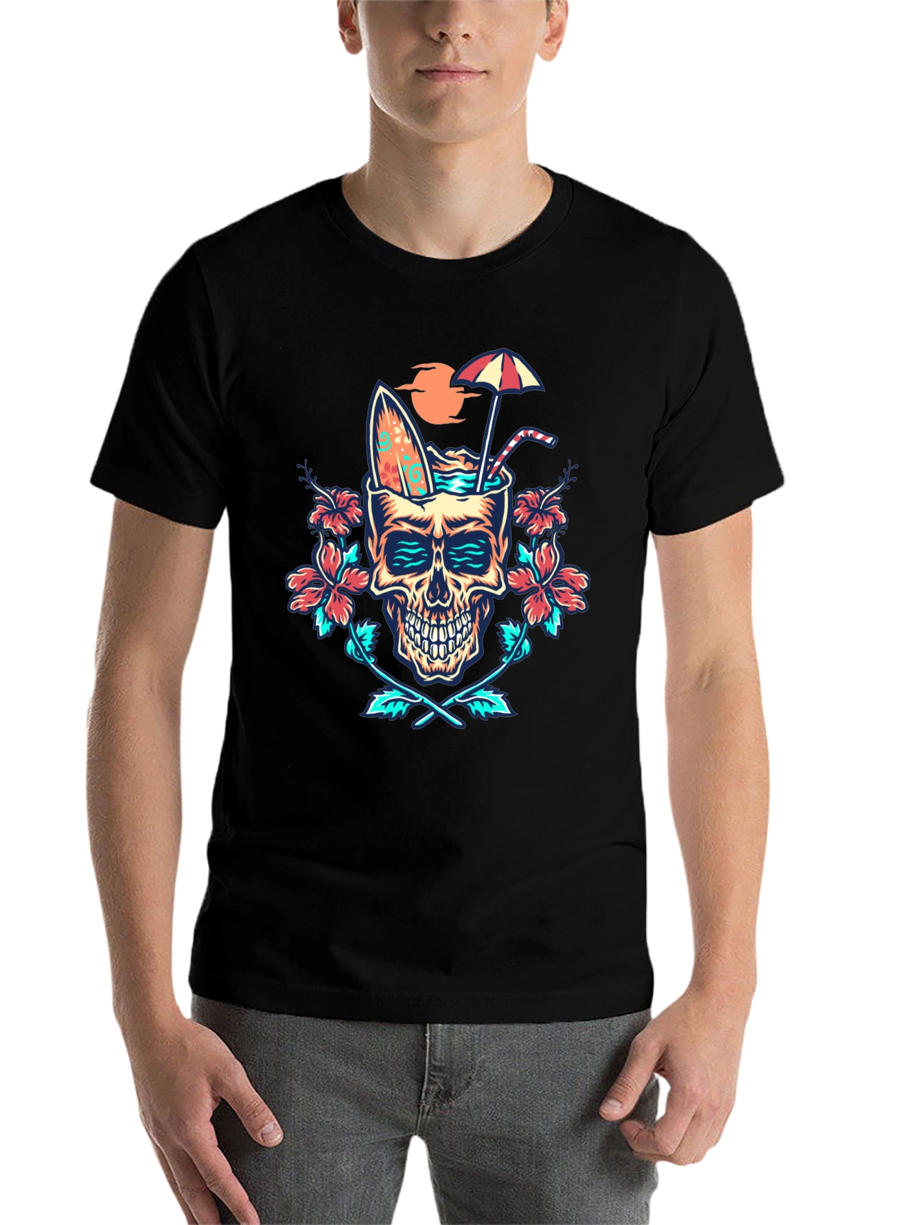 Black Tropical Skull Graphic T-Shirt - Beach Vibes! view 7