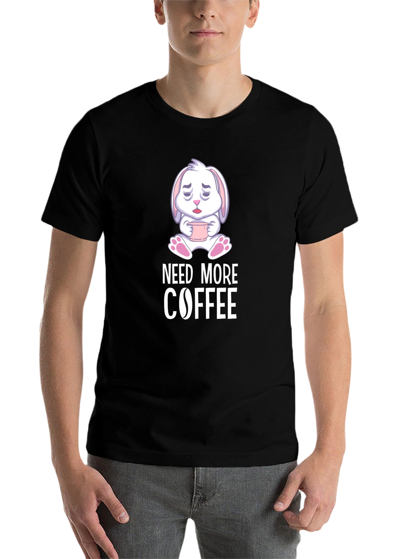 Black Need More Coffee T-Shirt - Cute Bunny Design view 7
