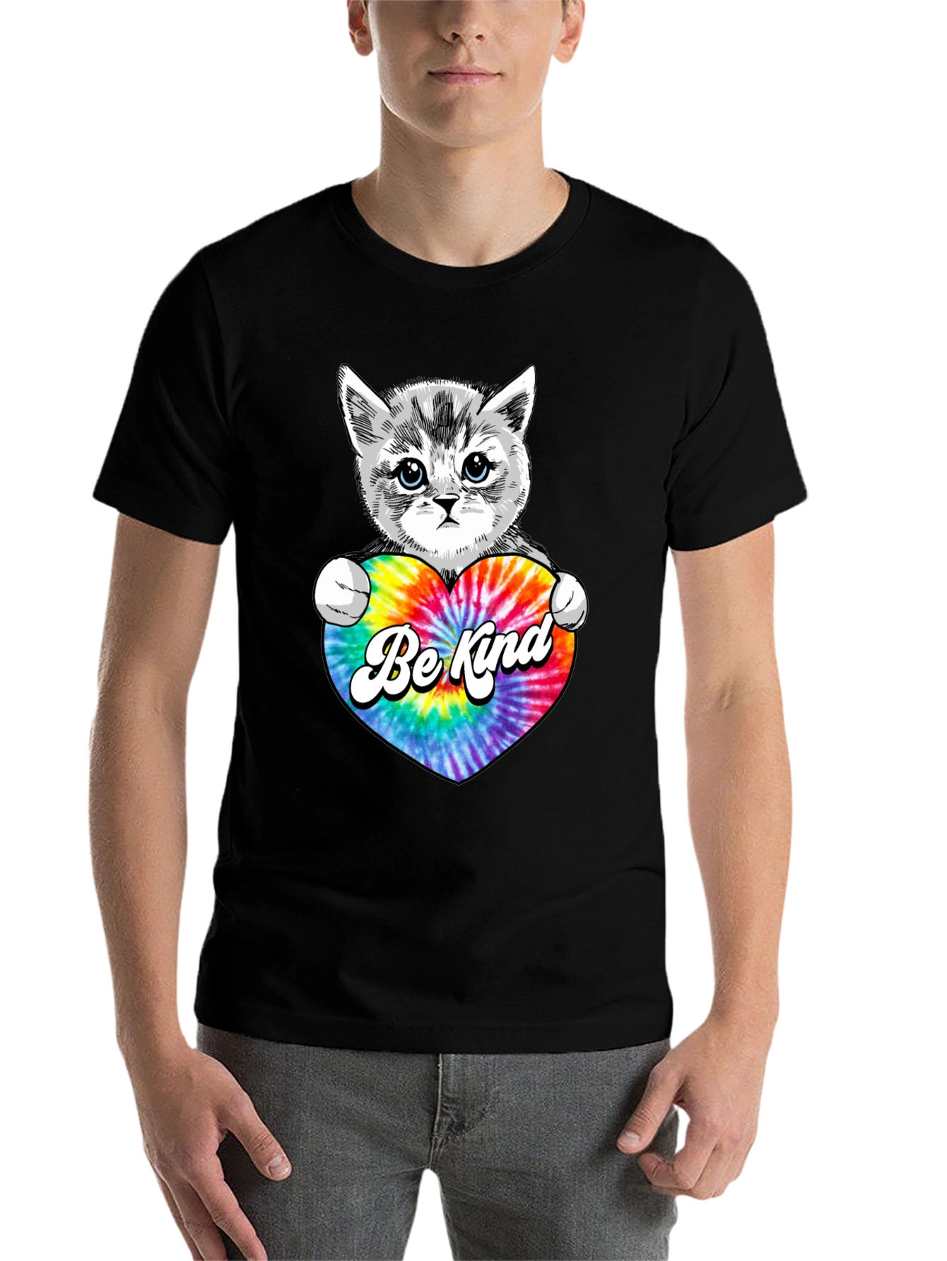Black Cute Kitten 'Be Kind' Tie-Dye Heart T-Shirt view 7