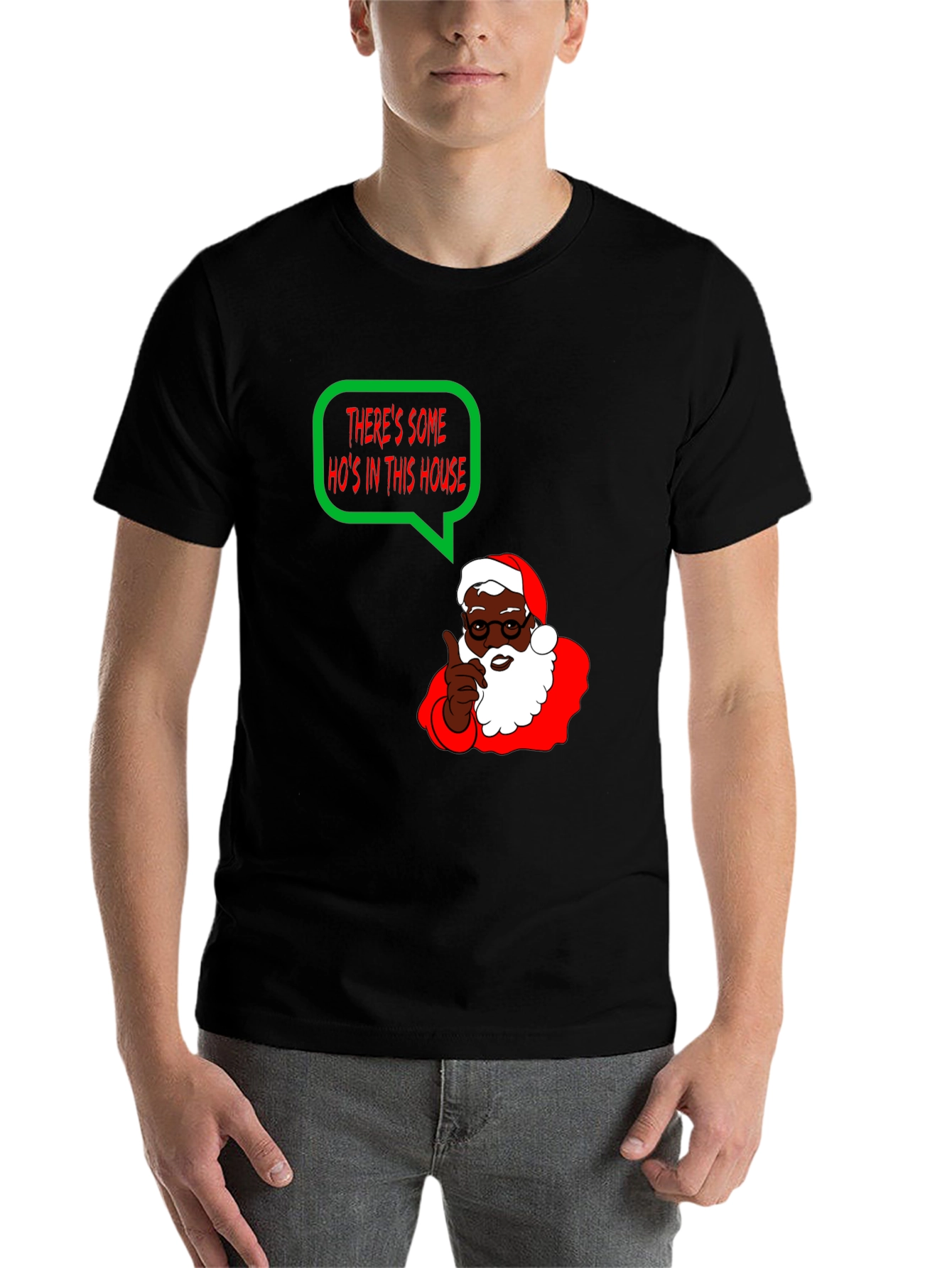 Black Funny Holiday T-Shirt - "There's Some Ho's In This House" Black Santa view 7