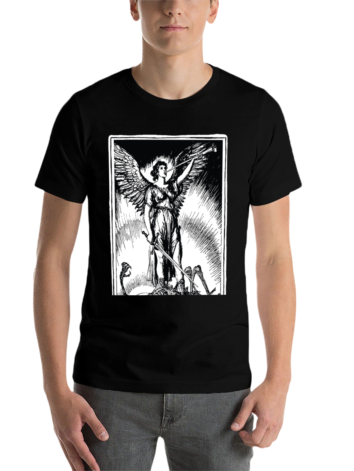 Black Angel with Sword Graphic Print Black T-Shirt view 7