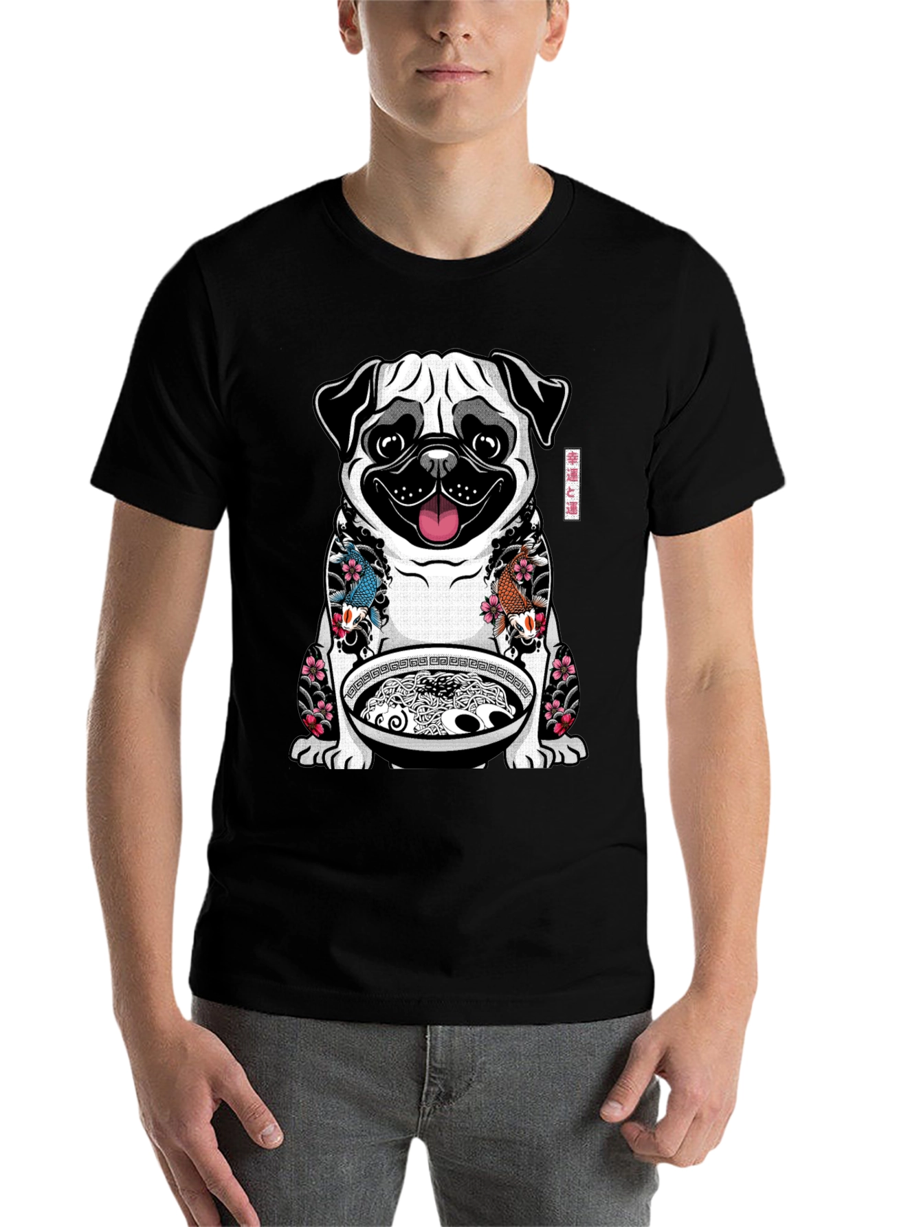 Black Ramen Pug Graphic T-Shirt - Unique Design view 7
