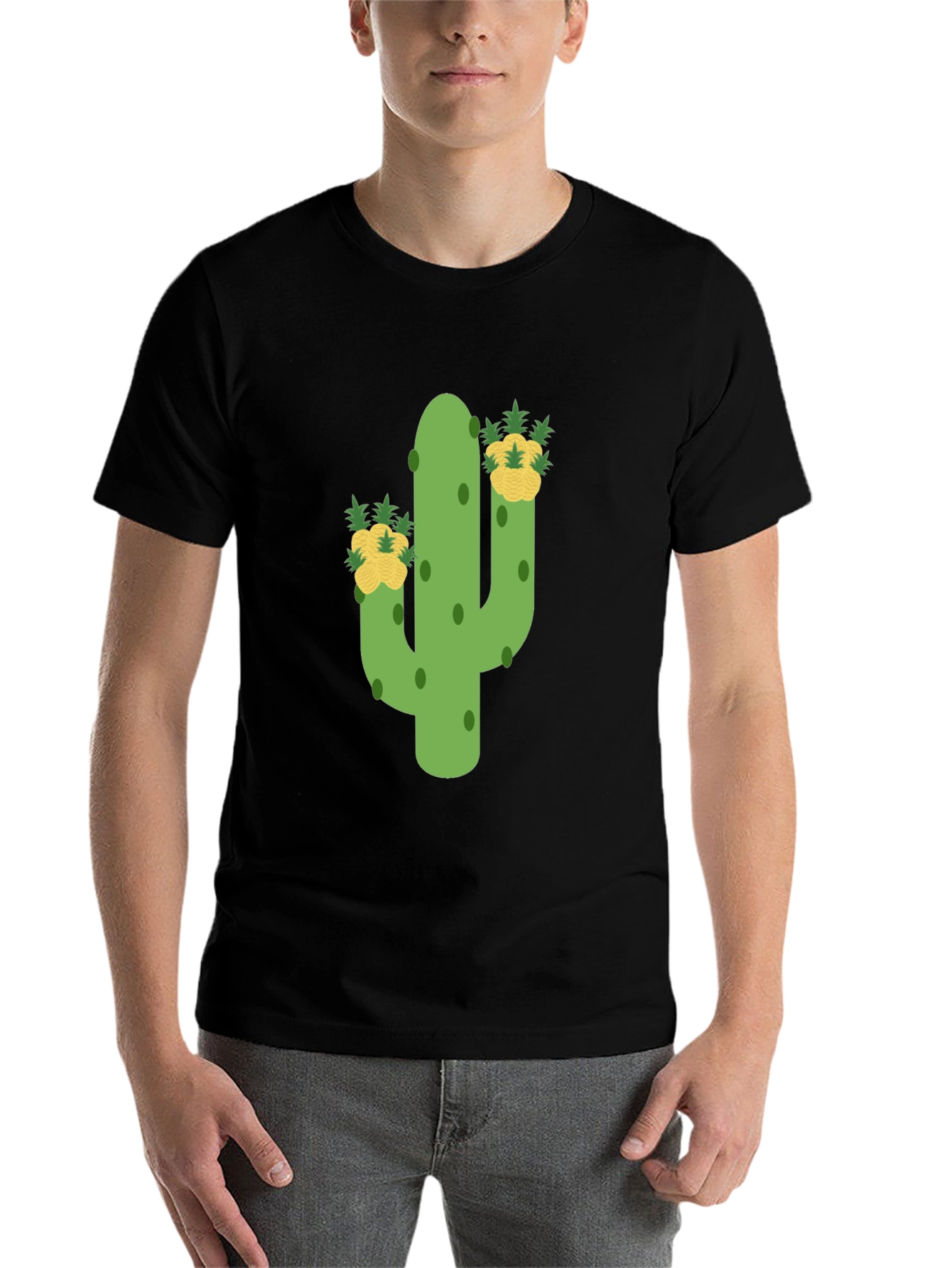 Black Cactus & Pineapple Tee - Whimsical Graphic Print view 7
