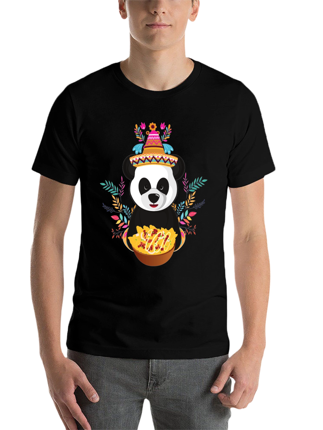 Black Panda Fiesta T-Shirt - Nachos, Sombrero, Colorful view 7