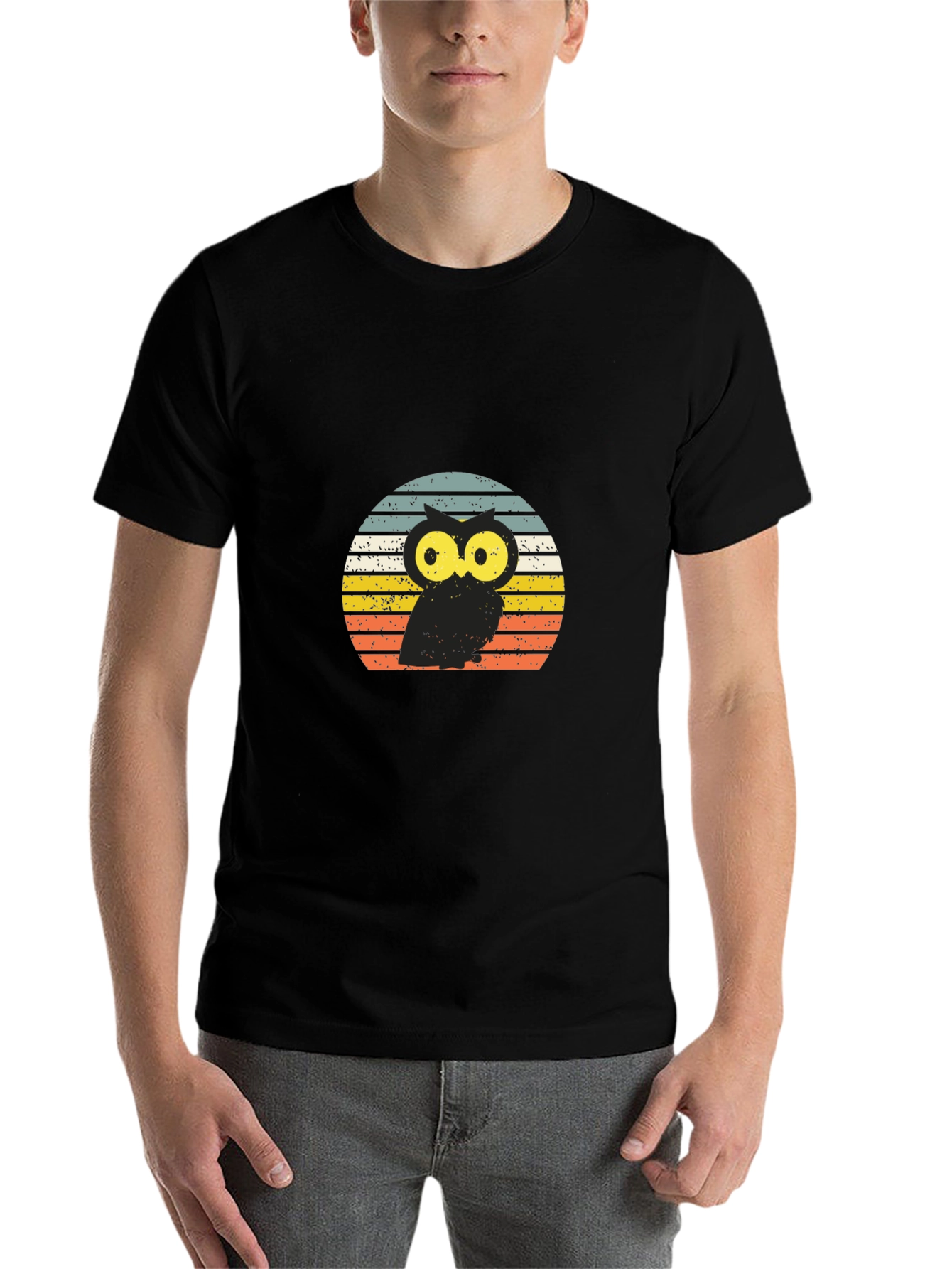 Black Retro Owl T-Shirt - Vintage Sunset Design view 7