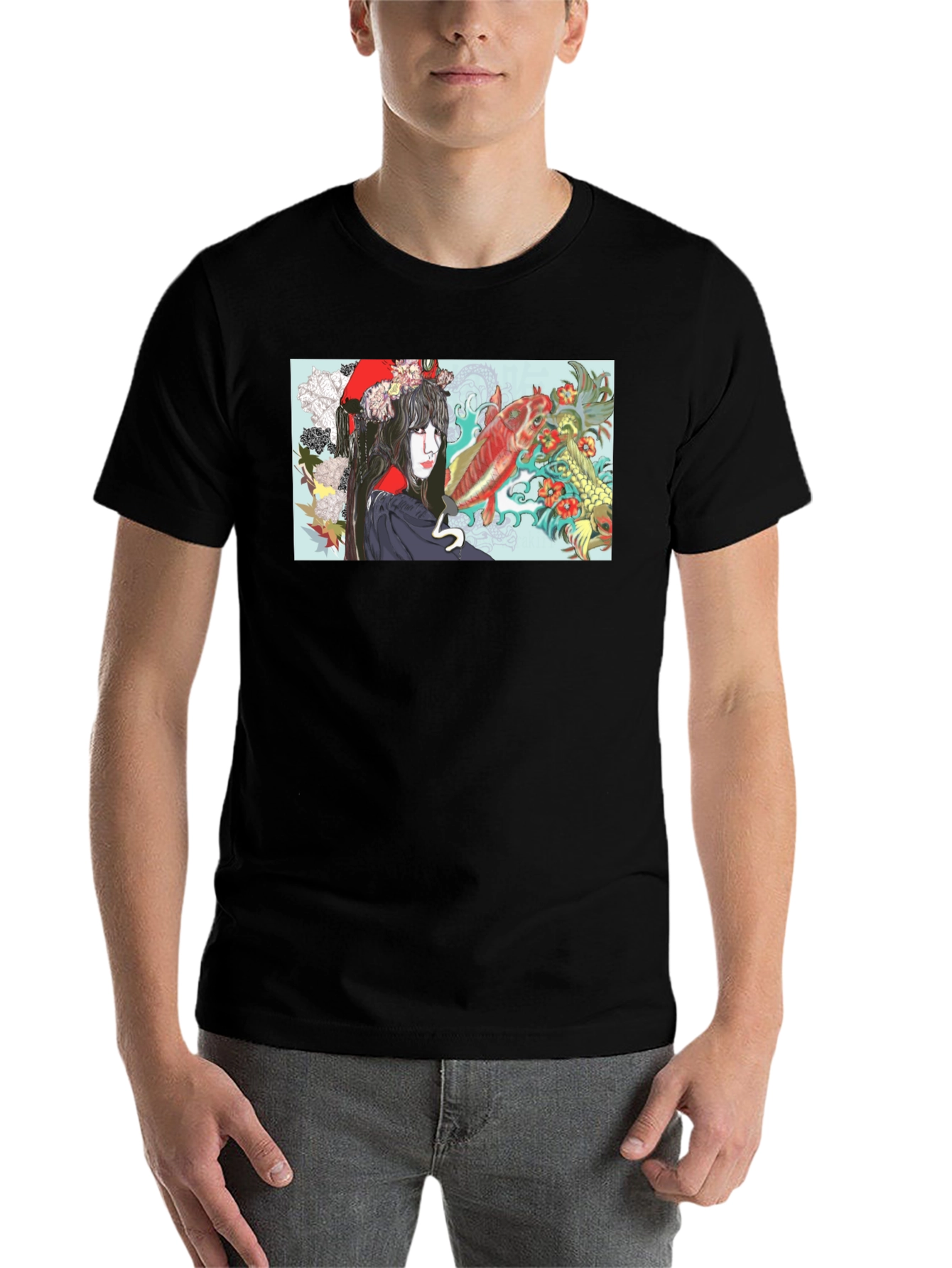 Black Koi Fish Geisha Graphic T-Shirt view 7