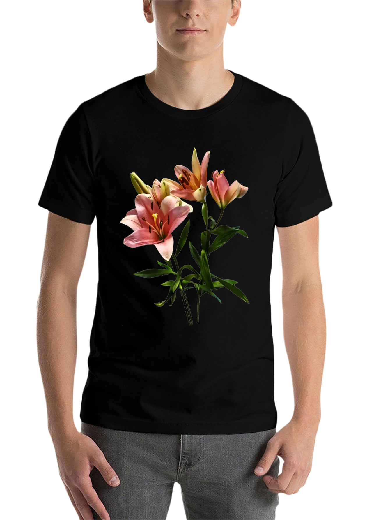 Black Floral Lily Print Black T-Shirt view 7