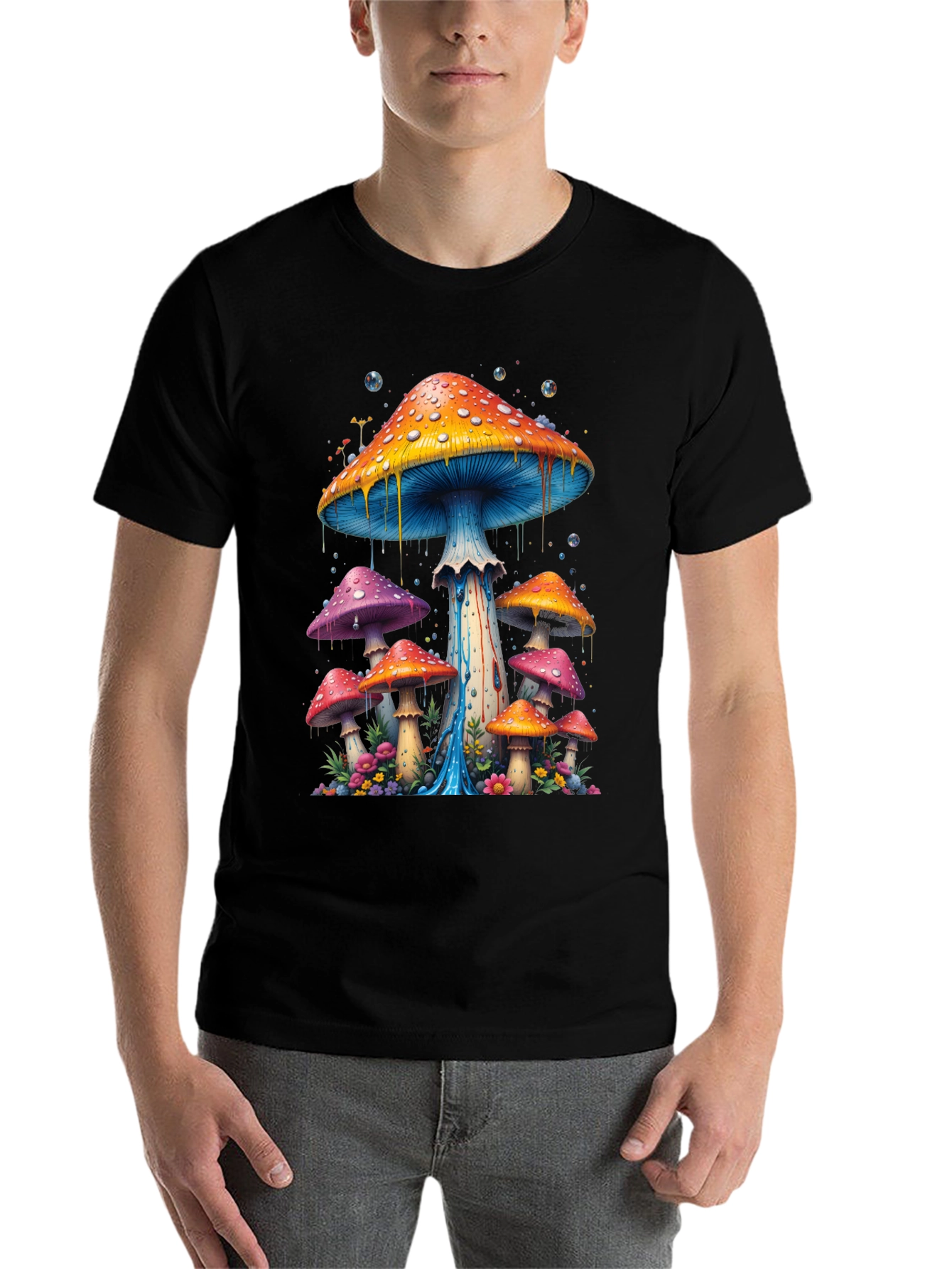 Black Psychedelic Mushroom Graphic Tee - Black Cotton Blend view 7