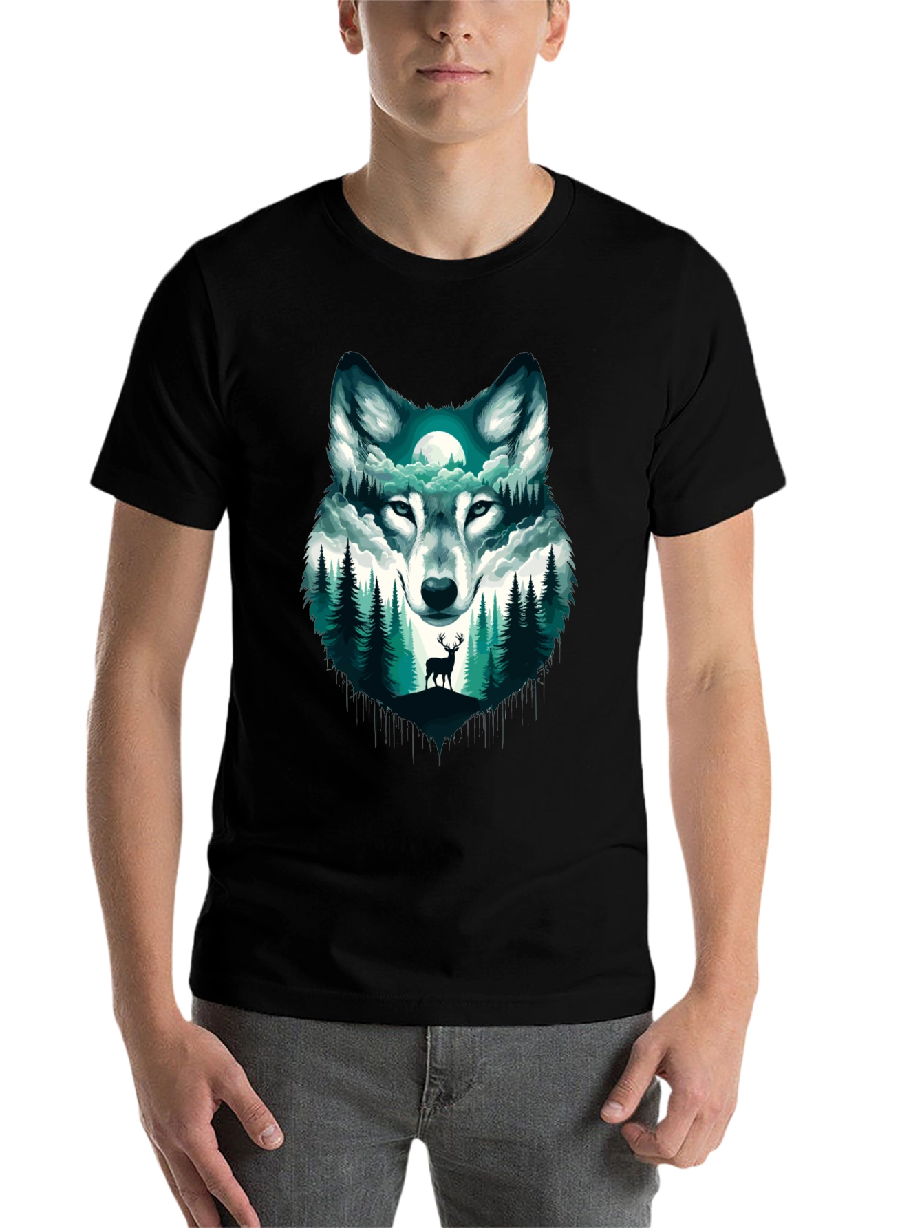 Black Wolf & Forest Graphic Tee - Nature Inspired Design view 7