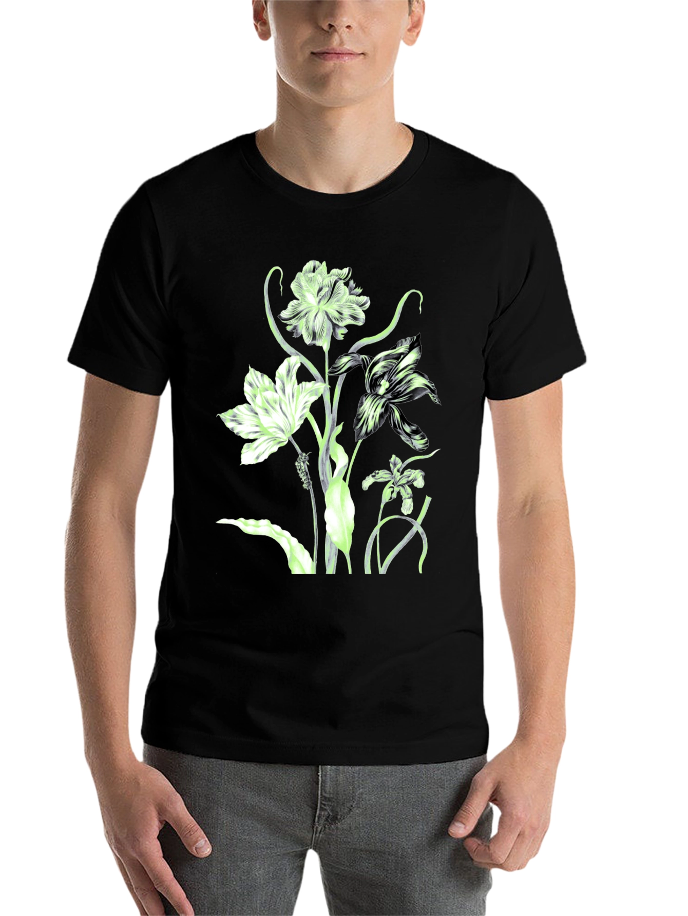Black Floral Print Crew Neck T-Shirt - Black view 7