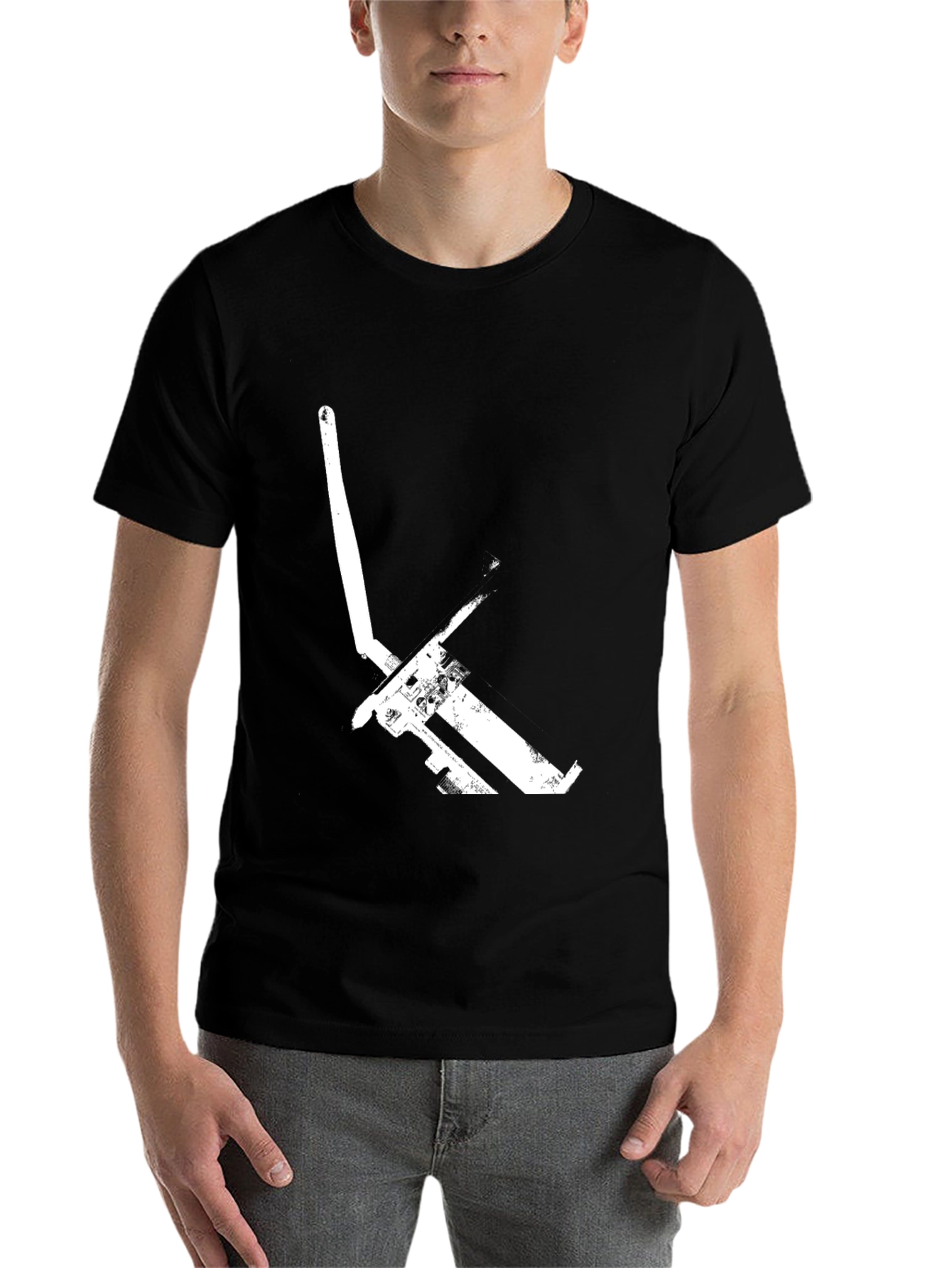 Black Graphic Tee: Minimalist White Pickaxe Print - Black Cotton T-Shirt view 7