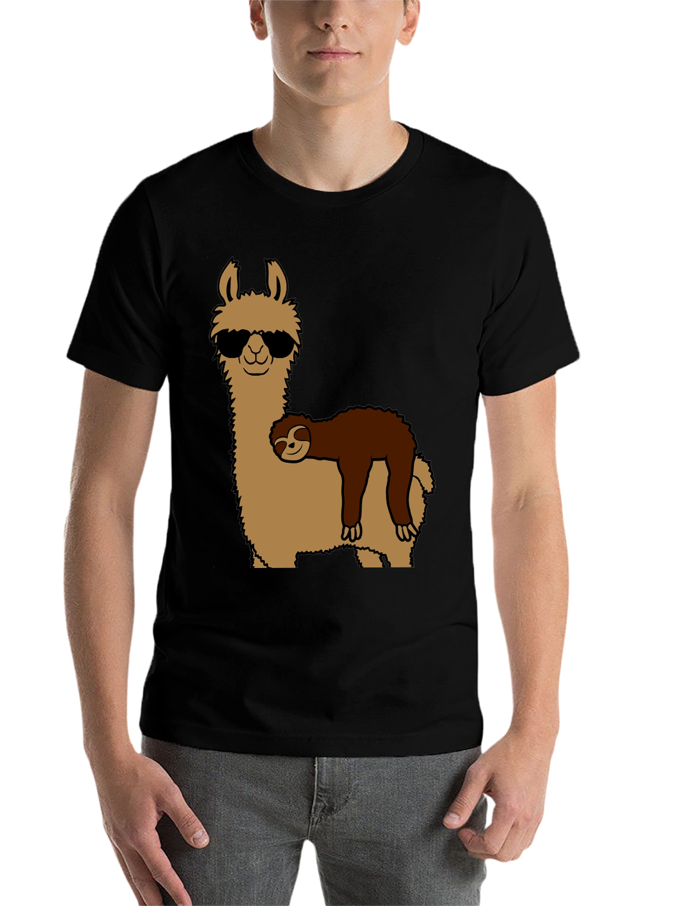 Black Cool Llama & Sloth Graphic T-Shirt view 7