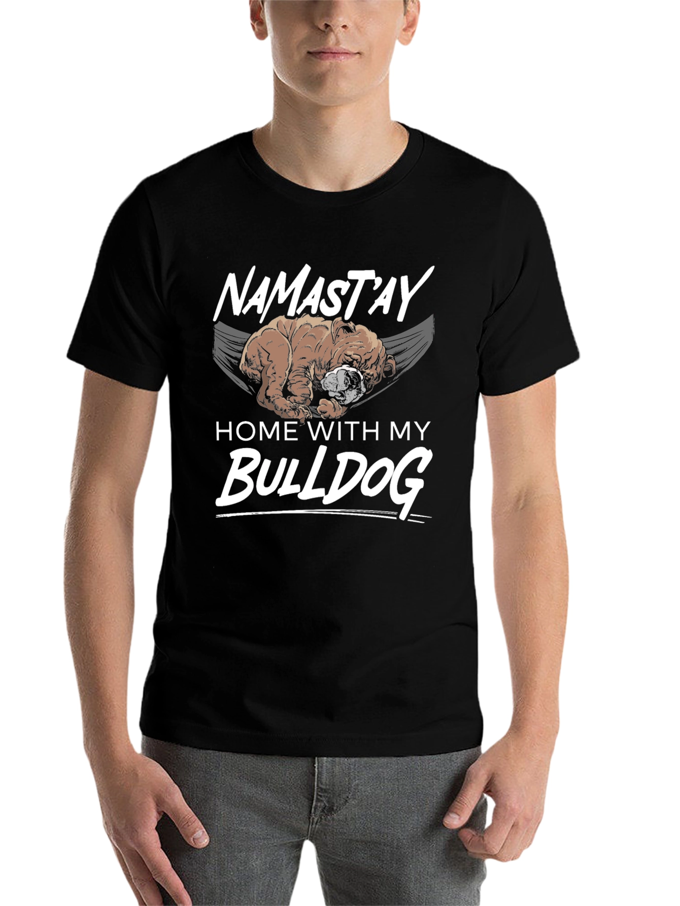 Black Namast'ay Home With My Bulldog Black T-Shirt view 7