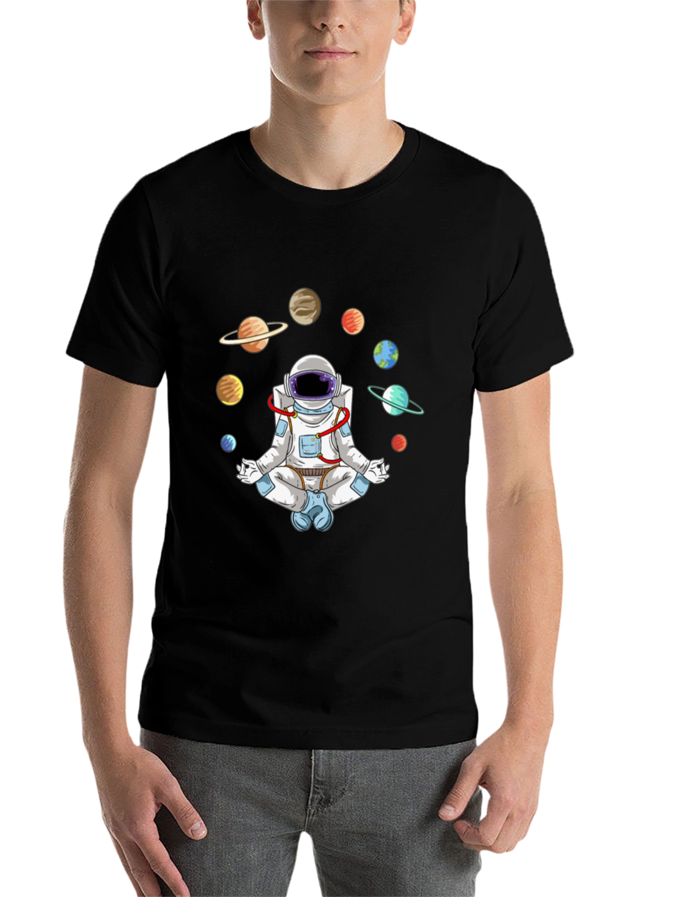 Black Meditating Astronaut Planets Graphic Tee view 7