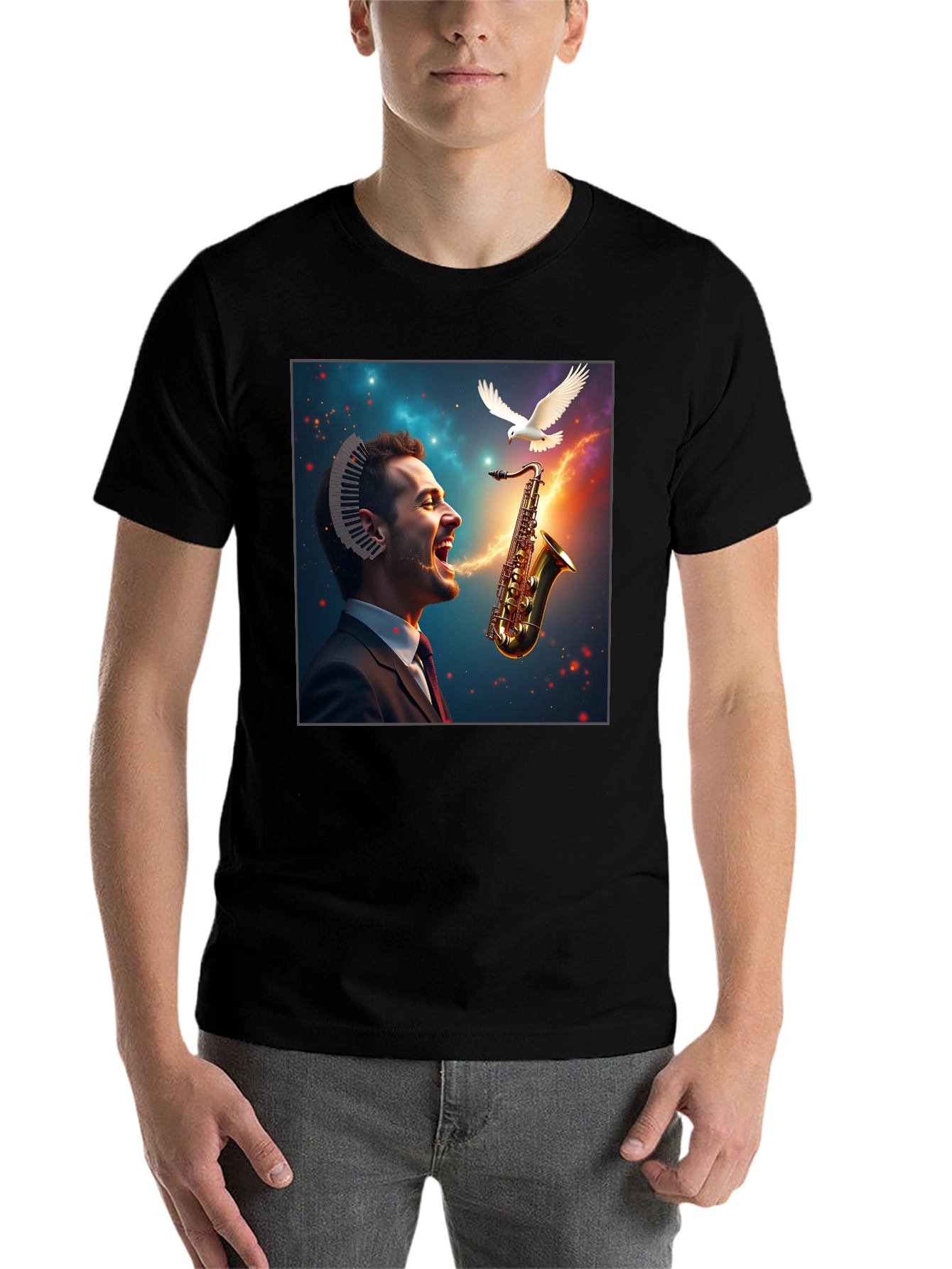 Black Musical Mind T-Shirt - Artistic Saxophone Design view 7