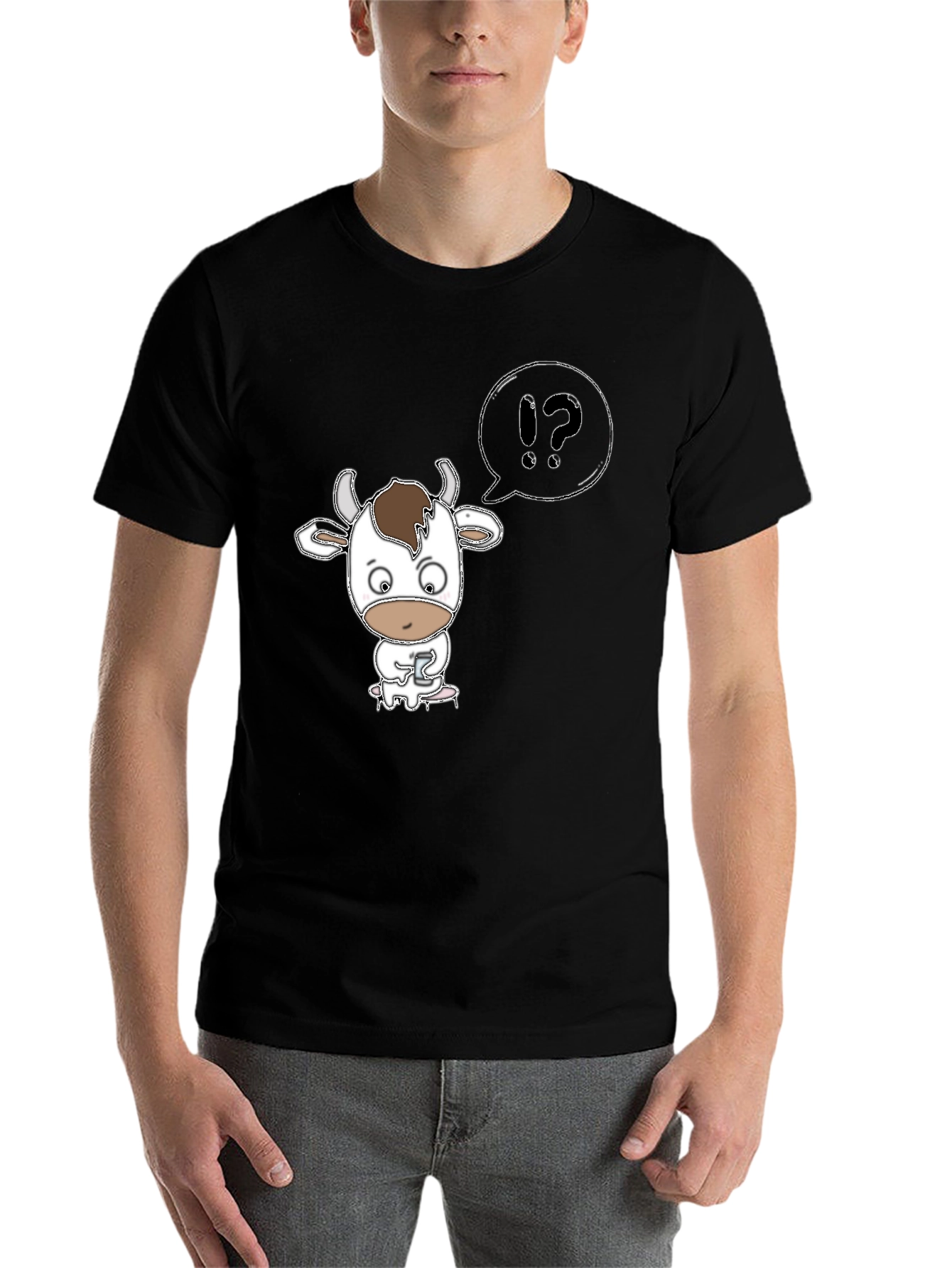 Black Cow Cartoon T-Shirt: "What?" Black Tee view 7